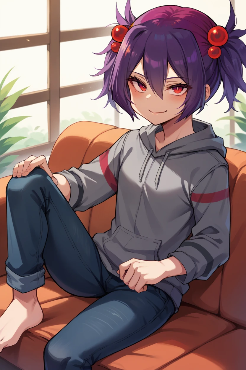 score_9, score_8_up, score_7_up, score_6_up, source_anime BREAK  1girl, <lora:mccavespider-pdxl-nvwls-v1-000005:1> spid3r, short twintails, purple hair, hair bobbles, grey hoodie, jeans, sitting, couch, looking at you, happy, closed mouth