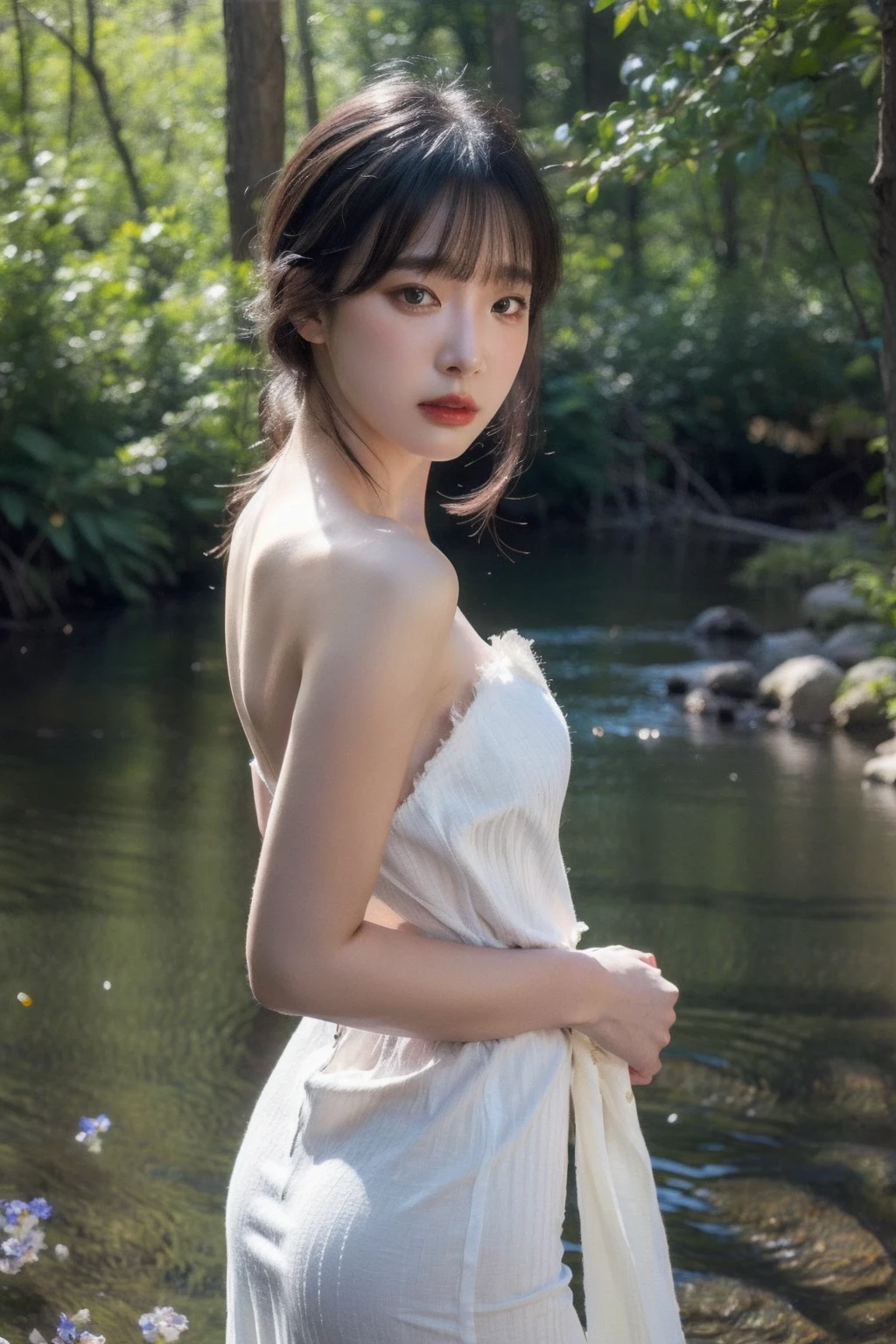 (realistic), (hyperrealism),best quality, masterpiece,ultra high res, (photorealistic:1.4),1girl,pale skin,skinny,(looking at viewer:2),forest, flowers, sunlight,
<lora:makina69_kanginkyung_v1.0:1> , (tattered) wedding dress , bare shoulders, cowboy shoot,
