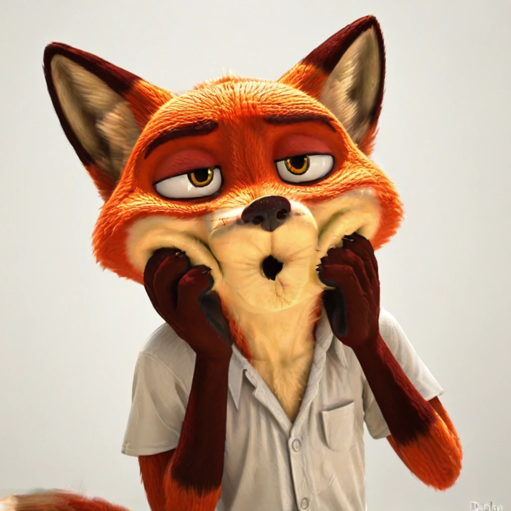 anusmouth, furry, anthro, fox, male, wearing a white shirt, holding cheeks, skinny