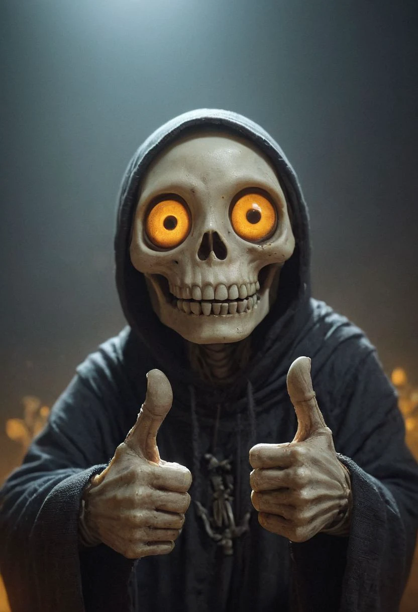 Closeup, thumb-up, Envision a whimsical fantasy world where a derpy and cute hooded skeleton takes center stage. Picture the undead with a mischievous charm, its translucent eyes reflecting a vibrant translucent amber glow. Thumb Up Pose, 
very detailed, hd, RAW photograph, masterpiece, top quality, best quality, official art,highest detailed, atmospheric lighting, cinematic composition,