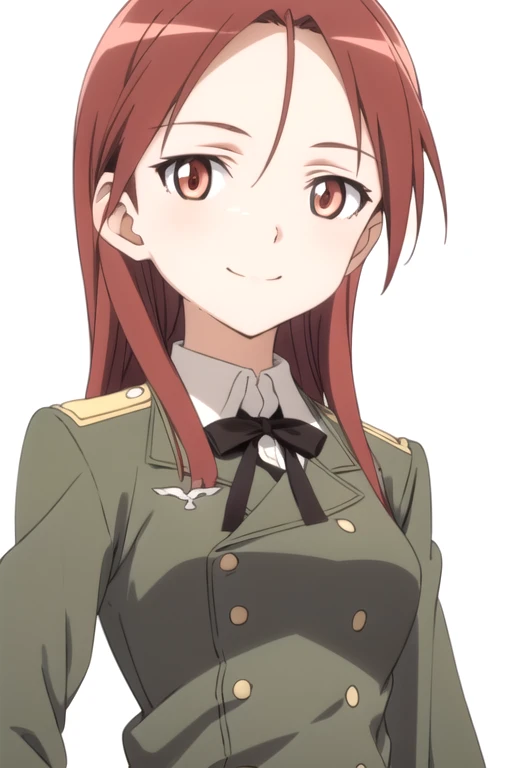 solo, 1girl, looking at viewer, 2D, anime, anime coloring, upper body, (simple background, solid white background:1.3), <lora:minna-strikewitches:0.8>, minna-dietlinde wilcke, uniform, smile
