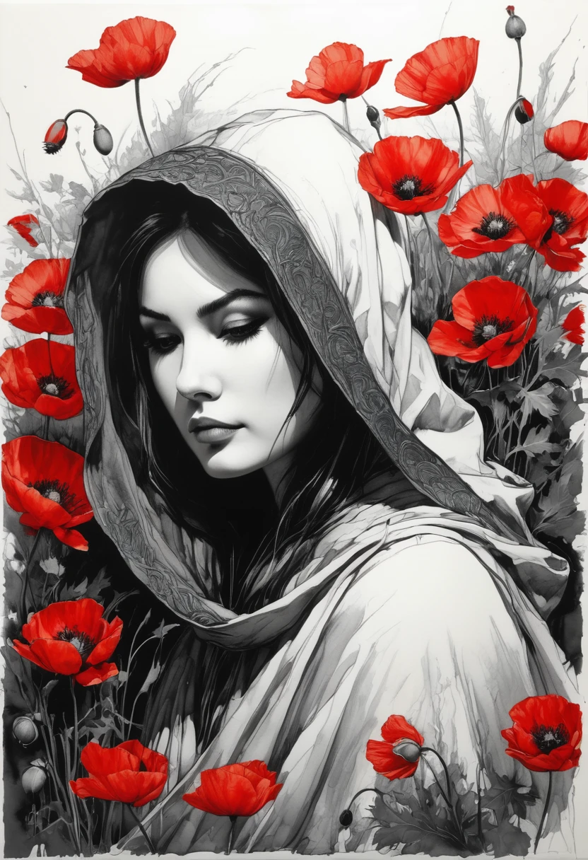 Charcoal drawing, black pencil drawing, pencil drawing, black and white drawing, graphite drawing, studio style shading on white background from above, beautiful graphite pencil drawing, Top view. Close-up. This image is a beautiful and evocative artistic depiction of a figure, a skeletal figure wearing a hooded cloak draped with fabric, amid a field of vibrant red poppies and other foliage. Art by Jim Mahfood, Henry Asensio, Greg Rutkowski, Craig Davison, Jenny Saville, Bernie Wrightson, Frank Frazetta,. manga+ style. Studio Ghibli Genshin Impact