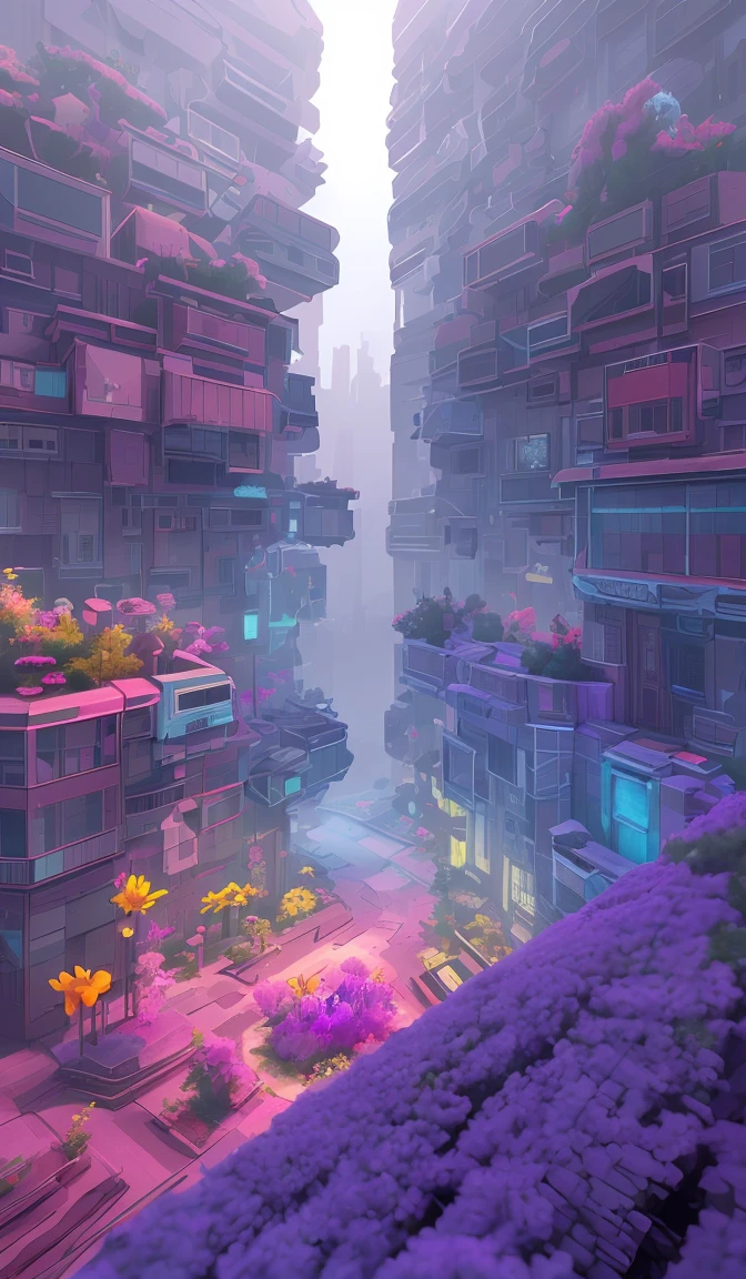 dskise, (isometric) , (flower), (vaporwave), isometric cutaway of a crystalized dilapidated city, cityscape, volumetric lighting ,FXAA, Chromatic Aberration, Concept Art, 8k Concept Art, Greg Rutowski, (unreal engine), octane render, dskise