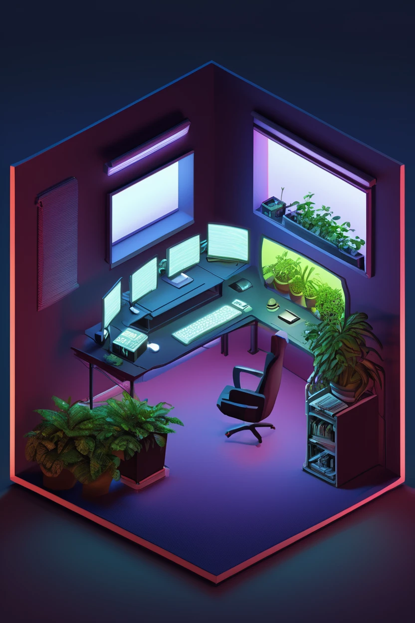 ((masterpiece, best quality)), high resolution, highly detailed,  realistic, BREAK, IsometricNeon, indoors, gradient, book, gradient background, no humans, chair, plant, box, scenery, desk, lamp, controller, cable, computer, television, monitor, keyboard (computer), flower pot, mouse (computer), screen, platform,  <lora:IsometricNeonXL:0.8>,