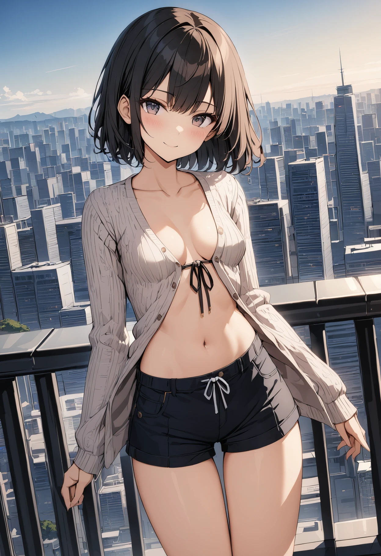 anime masterpiece, wide shot of a gorgeous 21yo woman, black bob haircut, city background, sexy smile, ideal face, ideal body, wearing tied cardigan, cleavage, small breasts, shorts, cleavage, extremely detailed, 4k, hdr,  <lora:BT_Tied_Cardigan_XL:0.7>