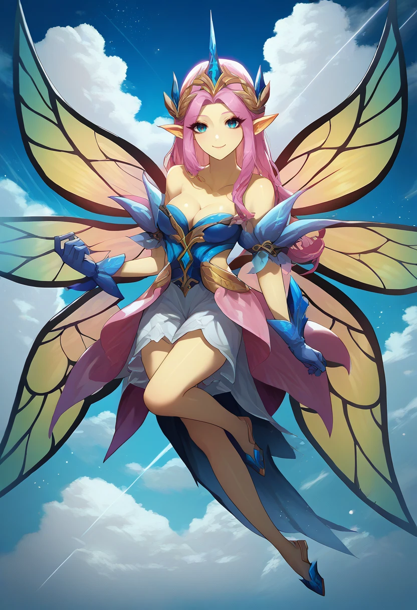 score_9, score_8_up, score_7_up, source_anime, solo, 1girl, empressoflight, yellow skin, slight smile, looking at viewer, flying, pointy ears, blue gloves, insect wings, bare shoulders, cleavage, blue sky, cloud <lora:terraria_empressoflight_ponyXL:1>