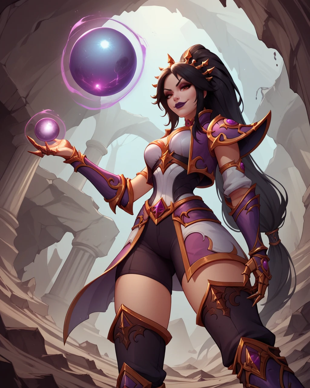 score_9, score_8_up, score_7_up,score_6_up, score_5_up, score_4_up , 1girl, solo,
large breasts,
li-mingdg,
black hair, ponytail, long hair, makeup, lipstick,
boots, armor, shoulder armor, gauntlets, cropped jacket, armored boots,
orb,
magic, cave, dungeon, pillars, rubble,
looking at viewer, from below, smug, half-closed eyes,
<lora:Li-Ming (PonyXL) v01.1-000002:0.90>