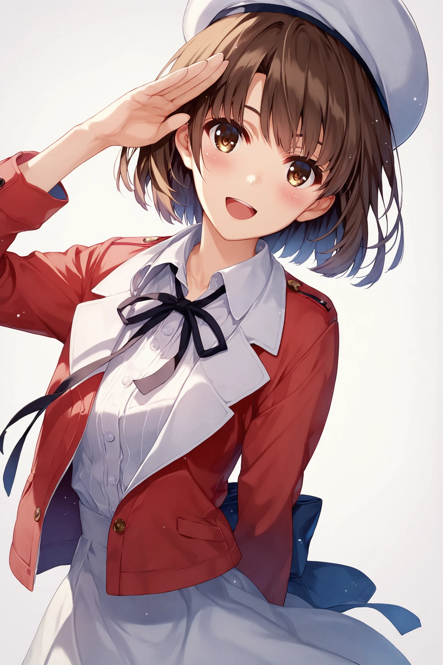 score_9,score_8_up,score_7_up,masterpiece,best quality,very aesthetic,absurdres,official art,official style,anime screencap,
katou megumi,1girl,solo,bangs,brown hair,hat,white headwear,dress,white background,looking at viewer,simple background,brown eyes,open mouth,short hair,ribbon,jacket,red jacket,black ribbon,blush,open clothes,smile,beret,salute,open jacket,arm behind back,collarbone,neck ribbon,long sleeves,:d,upper body,
<lora:Misaki Kurehito_XL_PONY:0.8>,