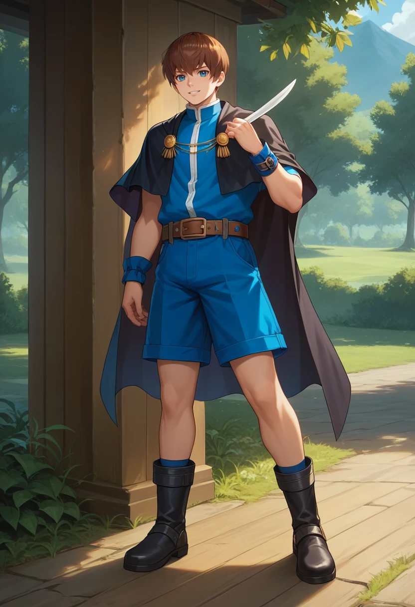 score_9, score_8_up, score_7_up, masterpiece, best quality, amazing quality, best aesthetic, ,absurdres,cute,chris_hakke, brown hair, blue sleeveless jaket, black cape, black boots, belt, wristband, blue shorts, 1boy, ((source_anime))<lora:EMS-370857-EMS:1.000000>