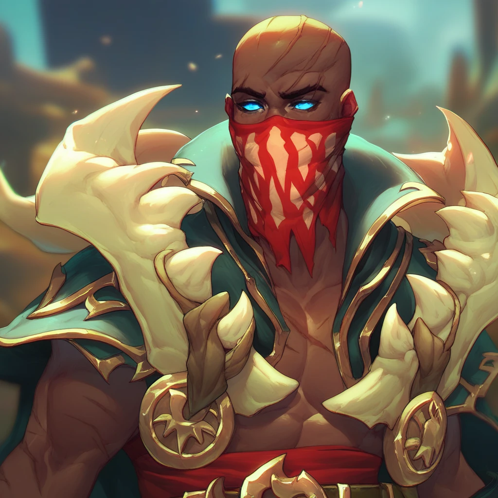 (((beautiful, high quality))), portrait, score_9, score_8_up, score_7_up, 1boy, Pyke, dark skin, blue eyes, bald, scars, red mask with printed teeth, fingerless gloves, cape, bone shoulder pads, belt, pants, boots, Pyke Harpoon, fantasy background, blurred background