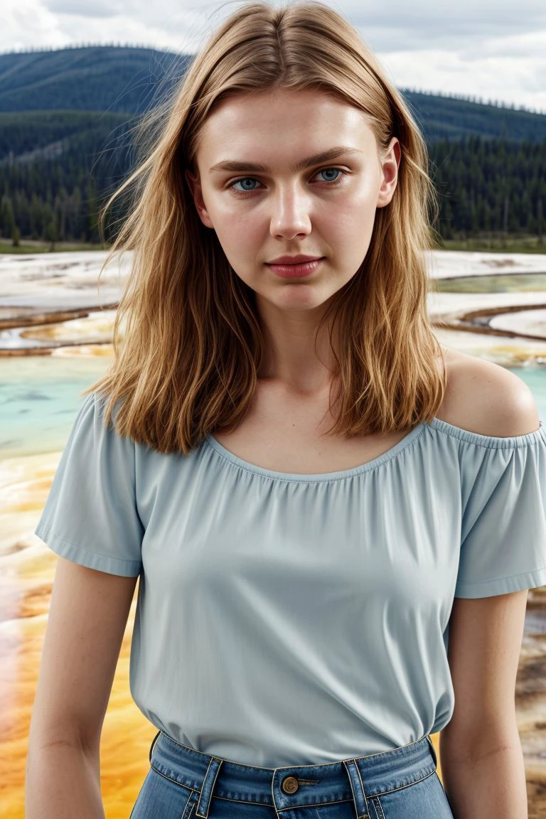 <lora:kawaii7.1.3_obj20:0.75:0.25>, European woman, closeup, sandals, (shirt), pants, (yellowstone), ZM_melissa, wide shoulders, perfect face, (contact iris: 1.1), pale skin, skin pores , depth of field