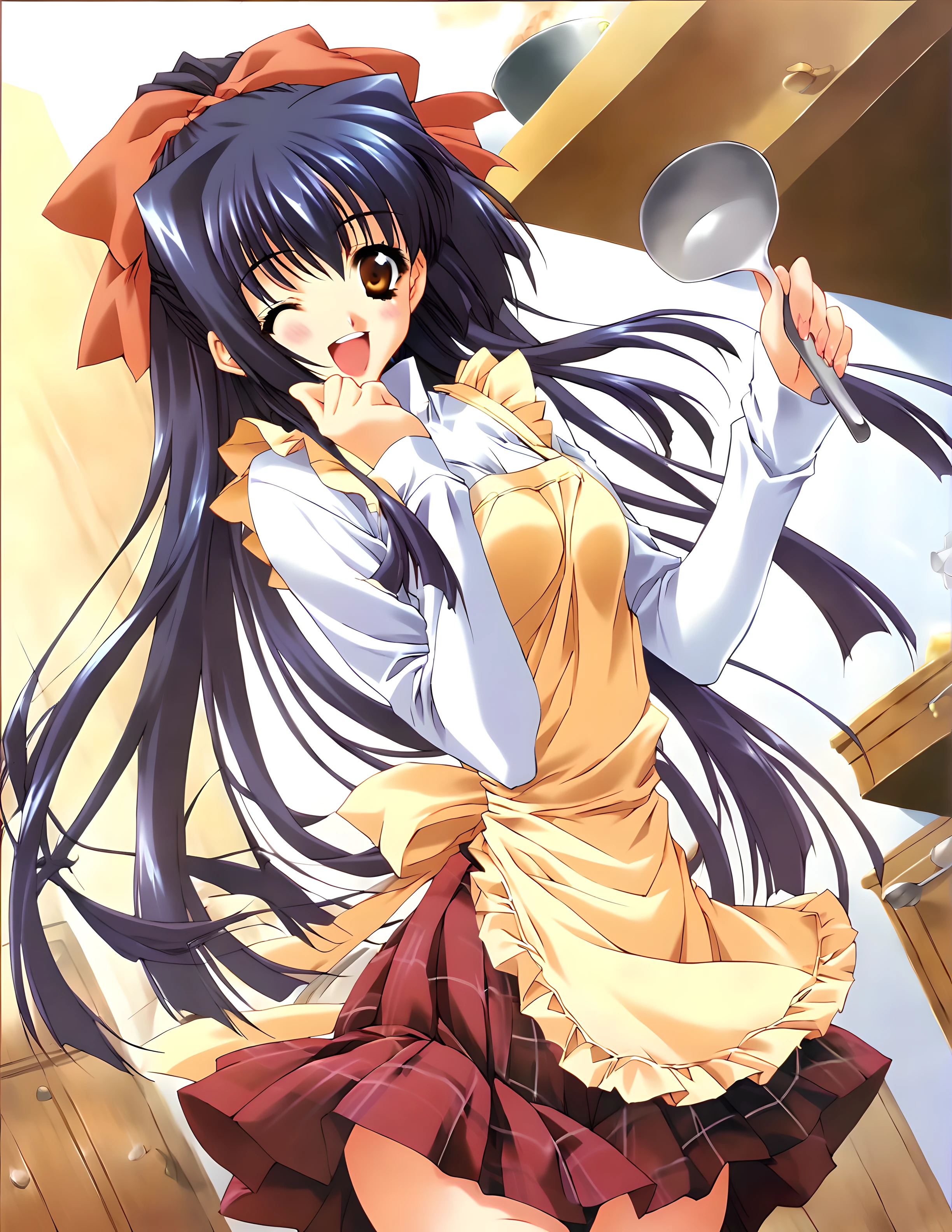 <lora:pony_xl_suzuna:0.8>,suzuna,score_9,score_8_up,score_7_up,source_anime,1girl,solo,hair ribbon,laughing,smile,blush,one-eyed wink,apron,long sleeves,red skirt,miniskirt,plaid skirt,pleated skirt,black thighhighs,pantyshot,underwear,thigh gap,zettai ryouiki,cowboy shot,standing,cooking,holding,ladle,