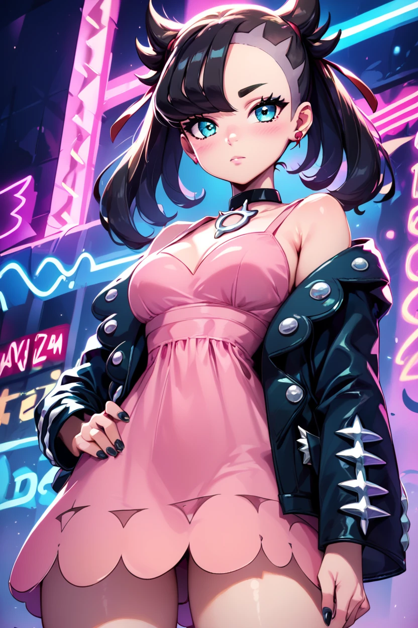 score_9, score_8_up, score_8, medium breasts, (curvy), cute, eyelashes, zzMarnie, neon lights, pink dress, black jacket, looking at viewer, black choker, hand on hip, off shoulder, closed mouth, open jacket, big breasts, long sleeves, black nails, blush, undercut, bag, aqua eyes, from below, standing, blue eyes ,<lora:MarnieP3:0.8>, <lora:Vivid:0.7>, <lora:princess_xl_v2:0.6>, embedding:zPDXL,