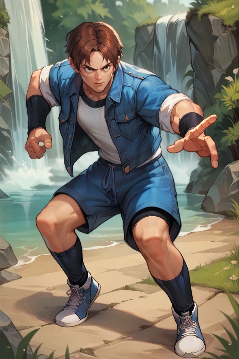 (source_anime, score_9, score_8_up, score_7_up:1), SieKensou, 1guy, blue jacket, white t-shirt, shorts. socks, sneakers, bracelets, fighting_stance, at the waterfall<lora:EMS-366118-EMS:1.000000>