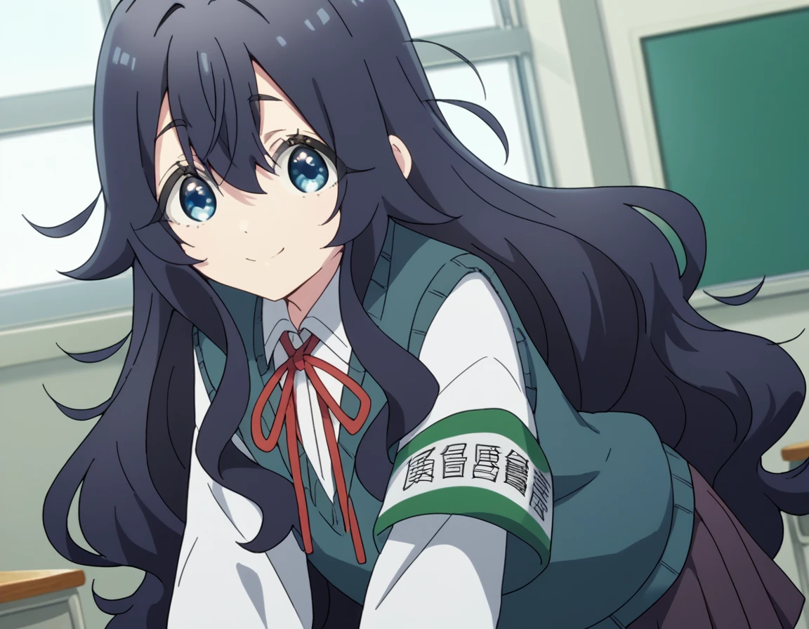 score_9, score_8_up, score_7_up, source_anime,
shizukayoshimoto, <lora:shizuka-yoshimoto-s1-ponyxl-lora-nochekaiser:1>,
shizuka yoshimoto, long hair, bangs, blue eyes, black hair, hair between eyes, wavy hair,
skirt, shirt, ribbon, school uniform, white shirt, pleated skirt, red ribbon, neck ribbon, armband, sweater vest,
indoors, classroom, bent over, smile,
looking at viewer, cowboy shot, dutch angle, solo,