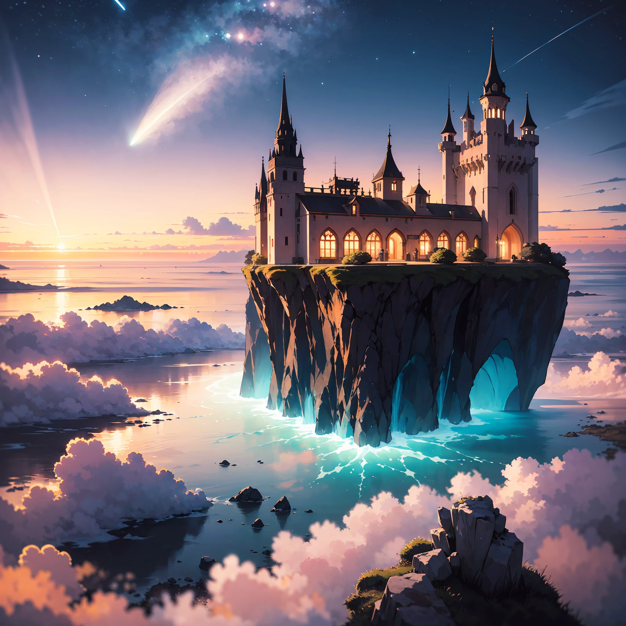 Divine Sanctuary: Haven Above the Clouds
Perched atop a colossal floating rock, the "Divine Sanctuary" gleams under the twilight sky. The luminous palaces and towers, bathed in shades of gold and pink, are a testament to the architectural prowess of an otherworldly civilization. Below, the ocean stretches endlessly, occasionally dotted by flying vessels exploring the horizon. Amidst the serenity, a playful comet decides to photobomb, leaving a shimmering trail in the evening canvas.