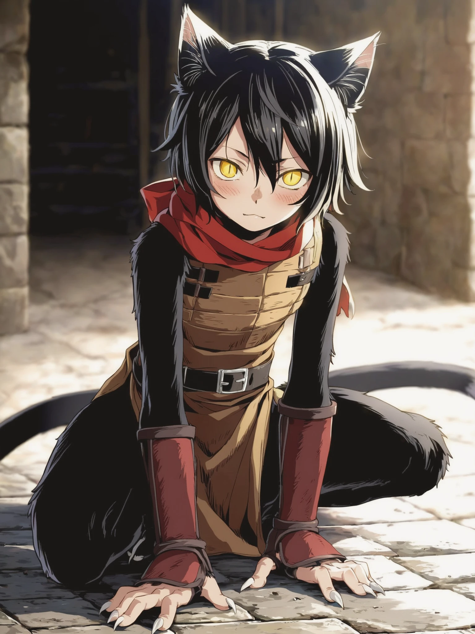 score_9,score_8_up,score_7_up,best quality,masterpiece,4k,uncensored,prefect lighting,rating_safe,very aesthetic,anime,art,fine art parody BREAK
official art,
1girl, girl,:3,
slit pupils,slave,ninja,belt,tunic,
dungeon,blurry background,dynamic pose,full body,
solo,looking_at_viewer,blush,claws,
cat girl,(furry:1.2),black fur,(asymmetrical body fur:1.2,,izutsumi,black_hair,short_hair,yellow_eyes,cat_tail,slit_pupils,two-tone fur,,,,,,<lora:ã¤ã
ãã3d4js2:0.8>,,,,,