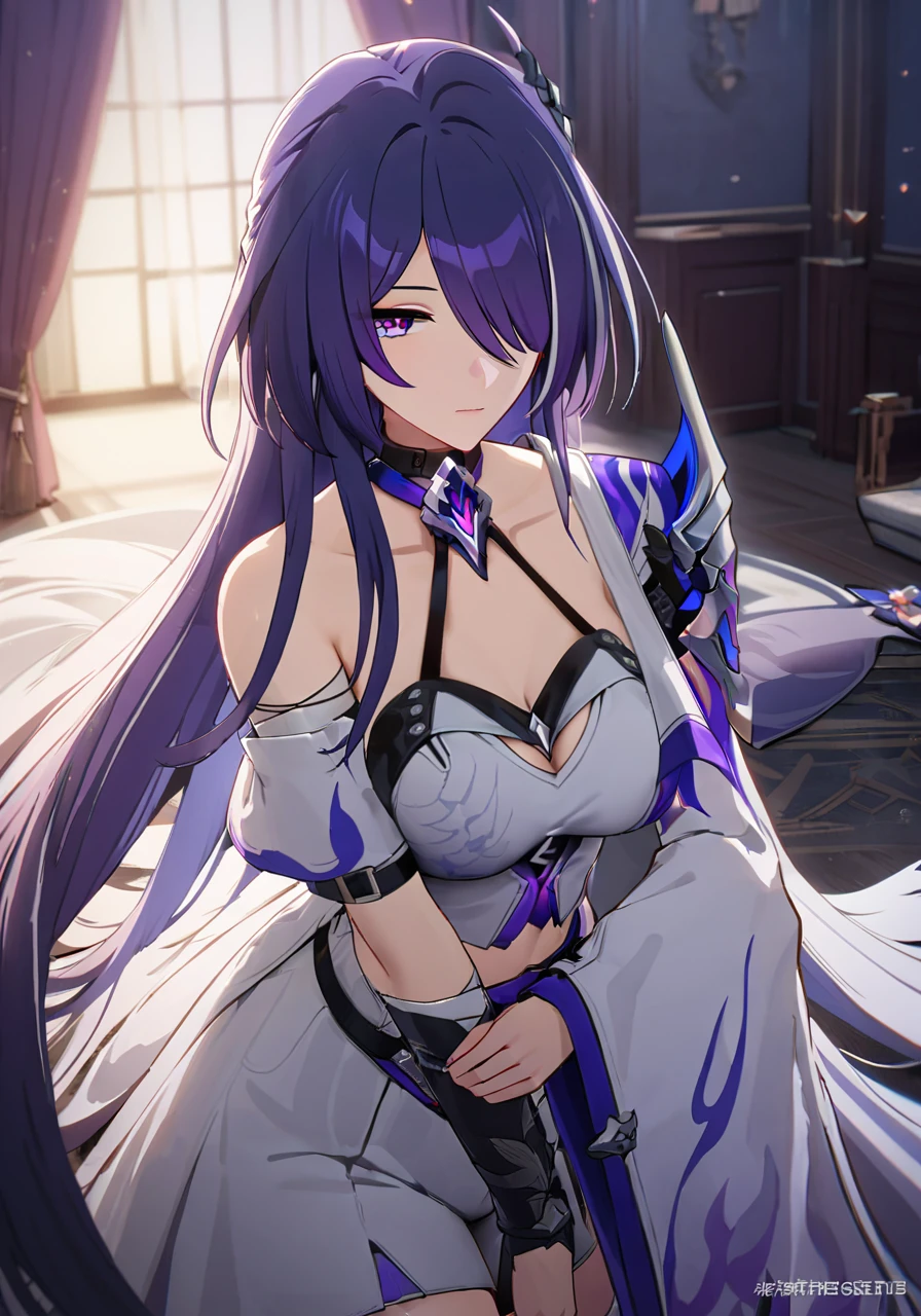 ((masterpiece)),((best quality)),highres,extremely detailed CG,perfect lighting,8k wallpaper,
1girl,acheron \(honkai: star rail\),purple hair,very long hair,purple eyes,white wedding dress,white veil,
<lora:Achreon_SDXL_V1-000014:1>,