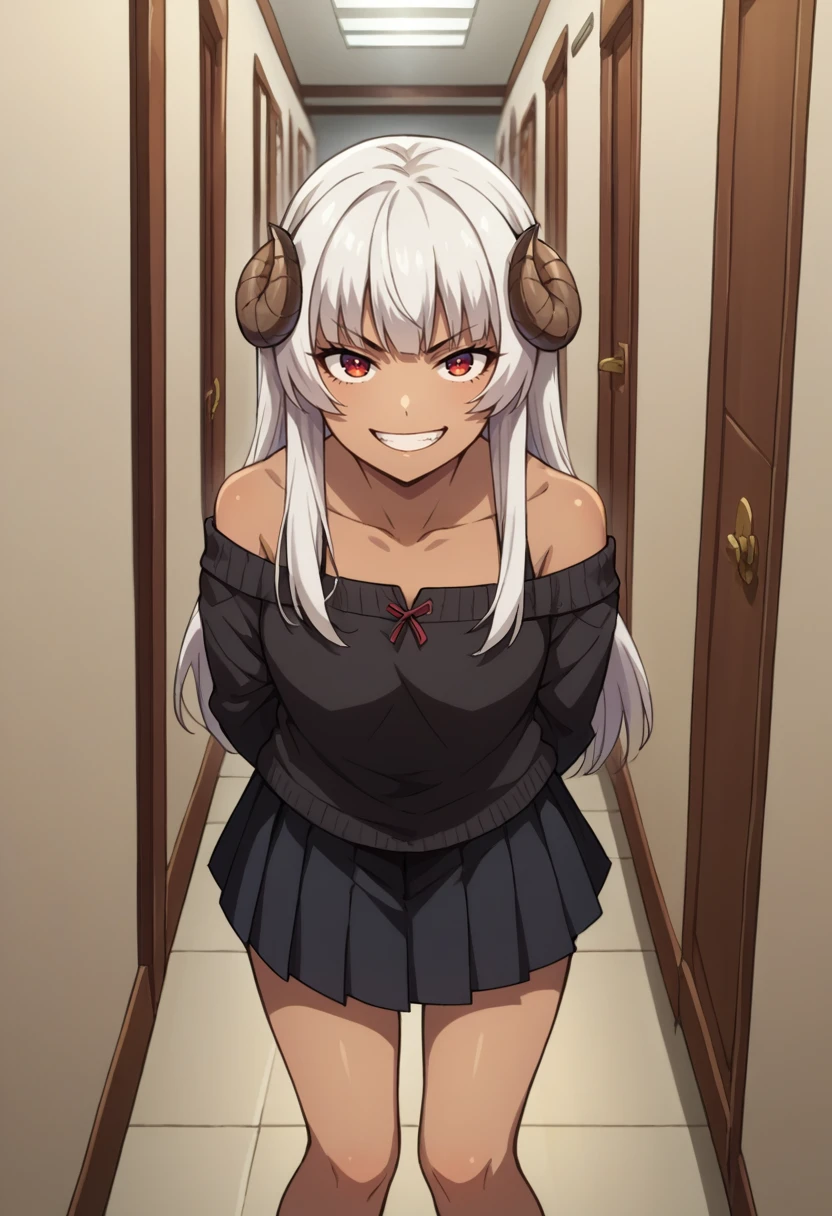 score_9, score_8_up, source_anime, Felm, white hair, long hair, dark skin, black sweater, off-shoulder, looking at viewer, black skirt, pleated skirt, hallway, grin, arms behind back, leaning forward, <lora:ChamFelmPonyXL-000007:1.0>