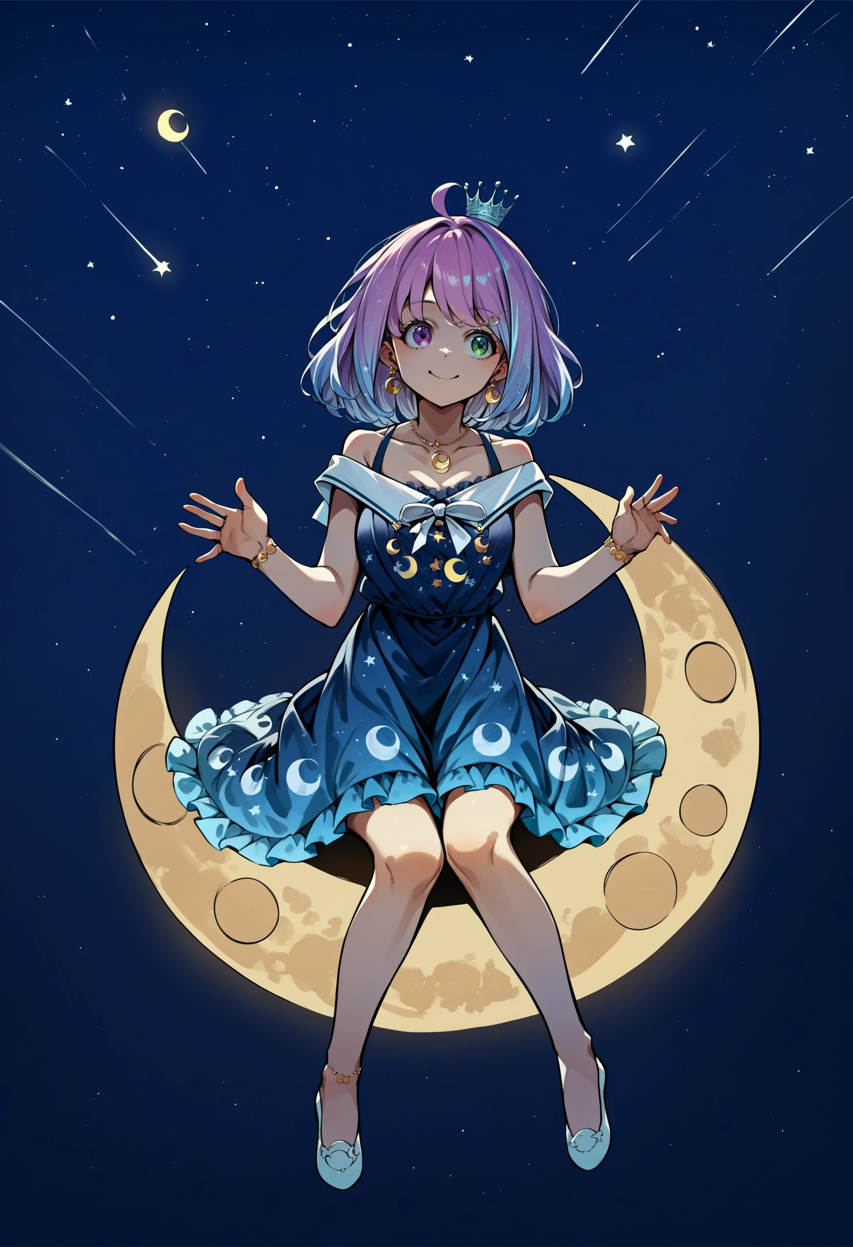 score_9, score_8_up, source_anime, LunaSailor, heterochromia, medium hair, mini crown, earrings, necklace, white sailor collar, blue dress, off-shoulder dress, star print, bracelet, flying, midair, night, stars, crescent moon, sitting, smile, <lora:ChamHimemoriLunaPonyXL:0.9>