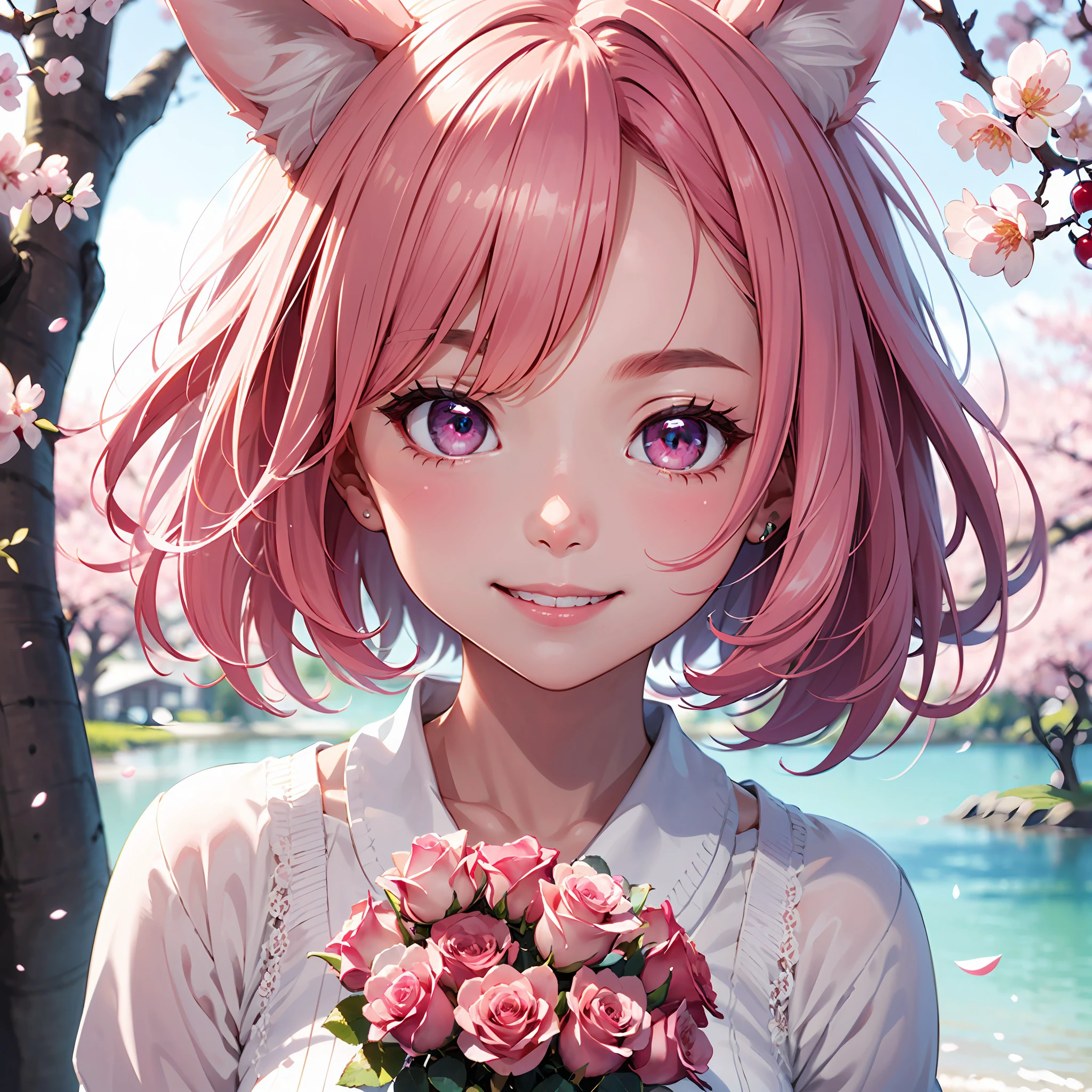 masterpiece, best quality, ultra-detailed, 1girl, detailed water, short hair, pink hair, light pink eyes, , ((close-up)), roses, everywhere roses, gorgeous, cherry blossoms, cherry, cherry blossoms tree, smile, view from front, fox ears