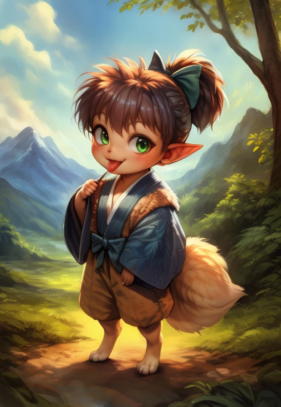 <lora:ShippouDemonFox:1>  [Forest, path, trees, sky clouds, mountains,] ShippouDemonFox, kemono, green bow on the head, green bow eyes, animal legs, tail,  pointed ears, (soft skin,), 
textured fur, solo, looking at viewer, to his full height, (beautiful, aesthetic, perfect, delicate, intricate, masterpiece, ) chibi, (winking face with tongue)
[by kenket|by totesfleisch8], by thebigslick:by silverfox5213:0.8], [by syuro, by paloma-paloma::0.2, (Tricksta, TotesFleisch8)