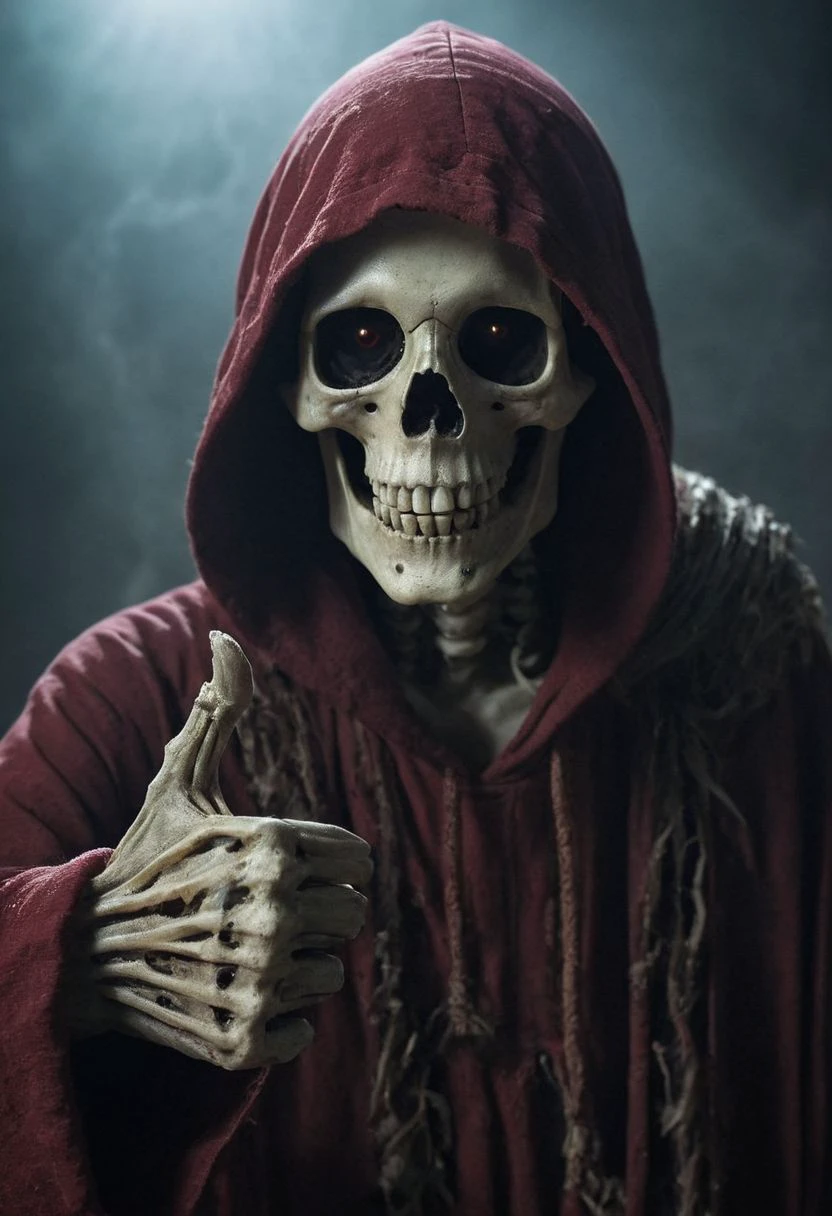 Closeup, thumb-up, Envision a whimsical fantasy world where a ethereal and eerie hooded skeleton takes center stage. Picture the undead with a mischievous charm, its eyes reflecting a vibrant translucent dark-red glow. Thumb Up Pose, 
very detailed, hd, RAW photograph, masterpiece, top quality, best quality, official art,highest detailed, atmospheric lighting, cinematic composition,