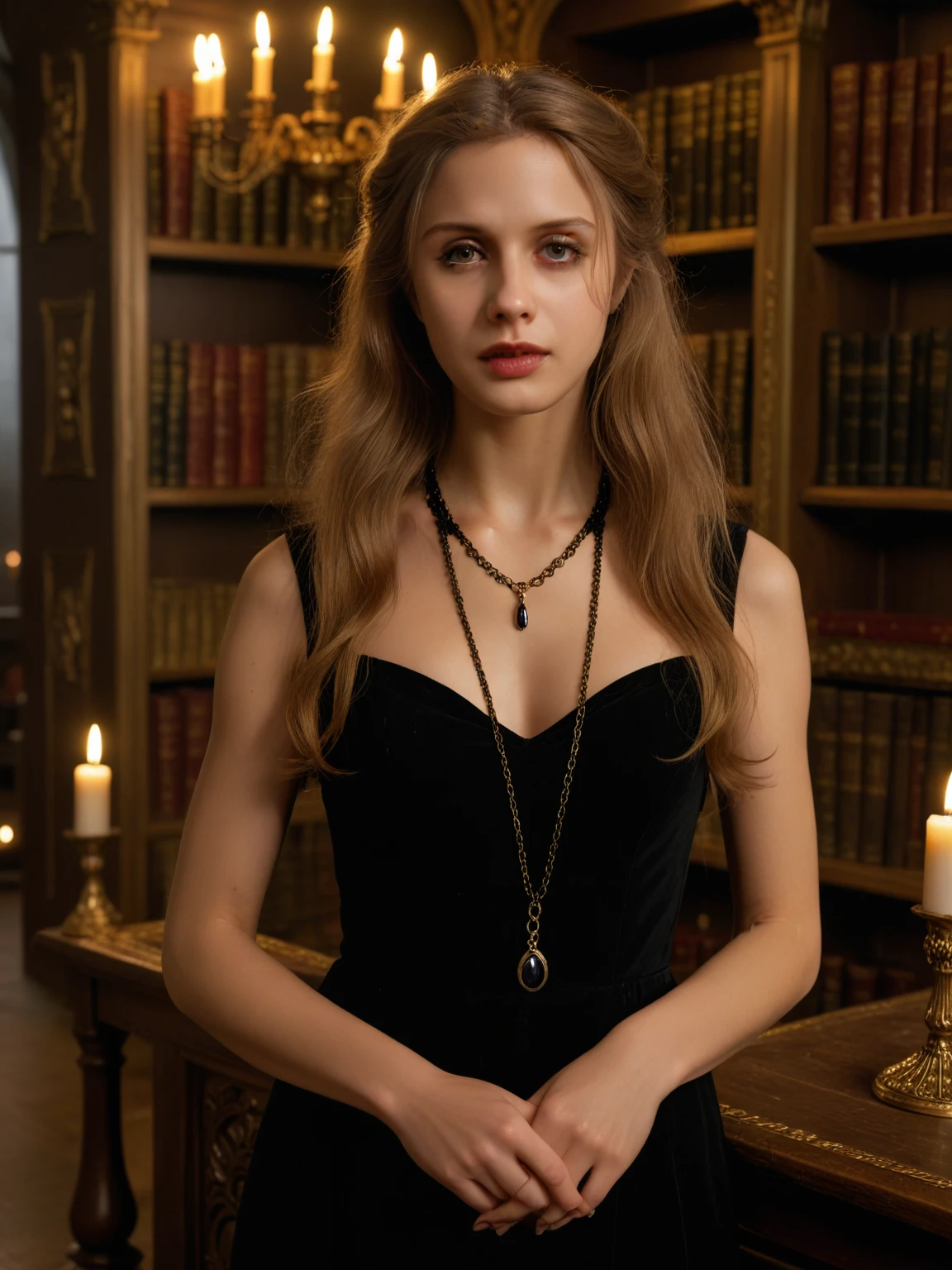 Masterpiece,best quality,8k raw,photorealistic,Cl4r1ce,woman,portrait,long hair,elegant black dress,dark gothic library,100 candles,ornate gold necklace,<lora:Clarice_Metart_XL-step00004500:0.9>,