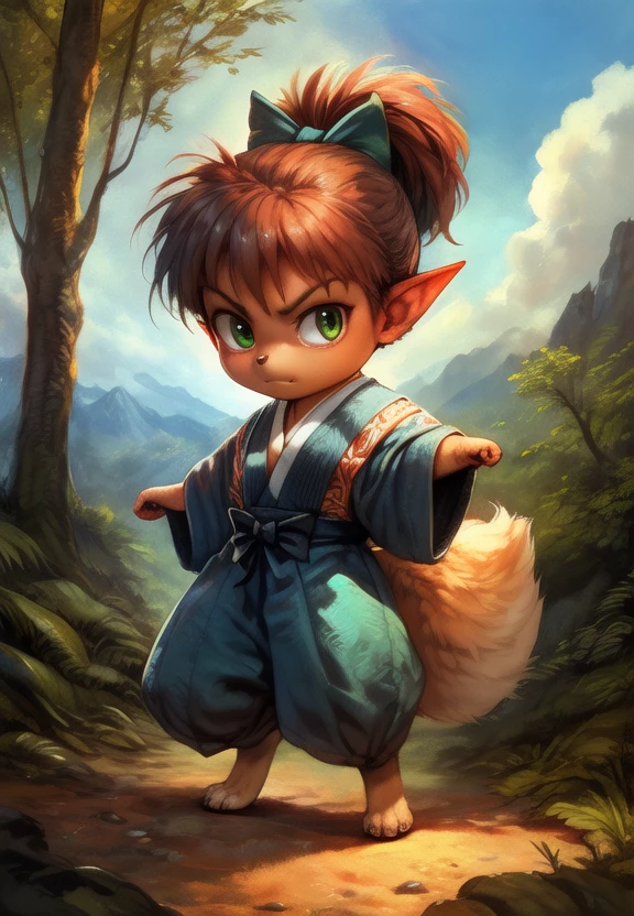 <lora:ShippouDemonFox:1>  [Forest, path, trees, sky clouds, mountains,] ShippouDemonFox, kemono, green bow on the head, green bow eyes, animal legs, tail,  pointed ears, (soft skin,), 
textured fur, solo, looking at viewer, to his full height, (beautiful, aesthetic, perfect, delicate, intricate, masterpiece, ) chibi, (fighting stance, angry pose)
[by kenket|by totesfleisch8], by thebigslick:by silverfox5213:0.8], [by syuro, by paloma-paloma::0.2, (Tricksta, TotesFleisch8)