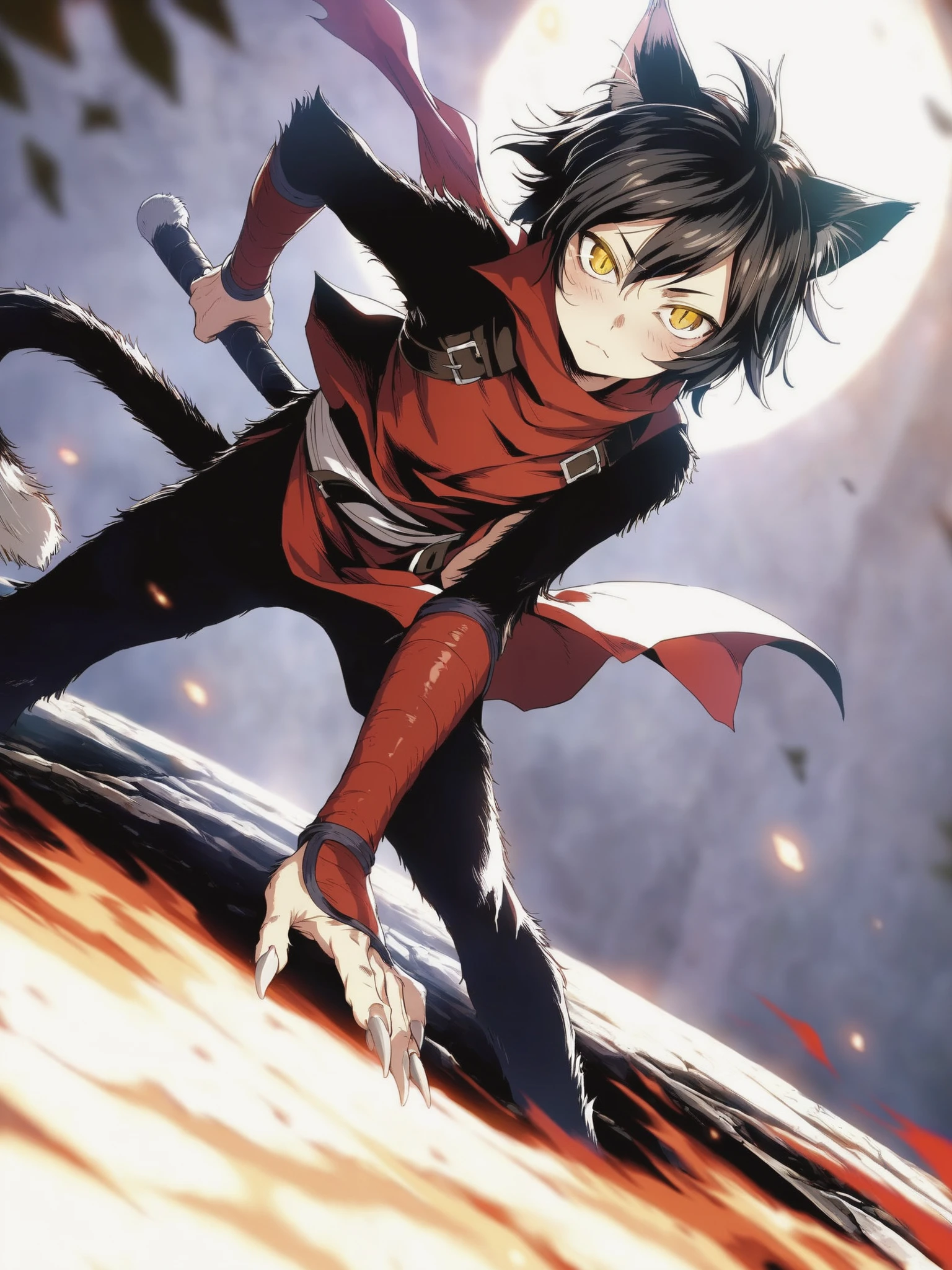 score_9,score_8_up,score_7_up,best quality,masterpiece,4k,uncensored,prefect lighting,rating_safe,very aesthetic,anime,art,fine art parody BREAK
official art,
1girl, girl,:3,
slit pupils,slave,ninja,belt,tunic,
dungeon,blurry background,dynamic pose,full body,
solo,looking_at_viewer,blush,claws,
cat girl,(furry:1.2),black fur,(asymmetrical body fur:1.2,,izutsumi,black_hair,short_hair,yellow_eyes,cat_tail,slit_pupils,two-tone fur,,,,,,<lora:ã¤ã
ãã3d4js2:0.8>,,,,,