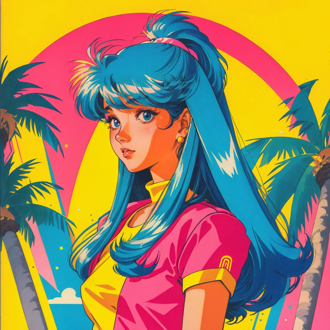 A girl with long straight hair in 80âs anime vintage style, hud_jem_boxart, colorful retro artstyle, colorful background, neon, palm trees, <lora:jem_style_sd15-000007:0.6>