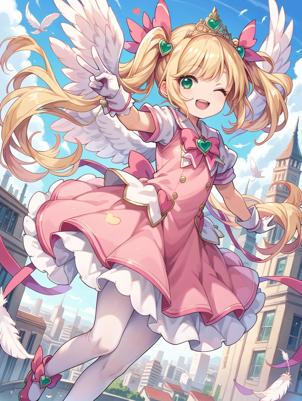 score_9, score_8_up, score_7_up,little,
1girl, blonde hair, twintails, green eyes, pink dress, tiara, short sleeves, gloves, wrist cuffs, ribbon, heart, short sleeves, wings, feathers, white pantyhose, wink, v, magical girl, outdoors, city, smile, open mouth
