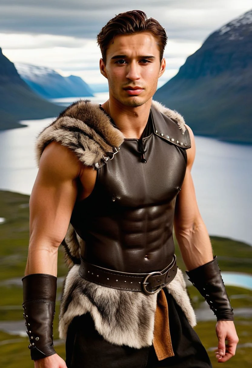 Ultra-detail, (highres:1.1), best quality, (masterpiece:1.3), Zayn Malik a man <lora:Carrington-Rodriguez_Zayn-Malik:1>, a Viking warrior prince wearing fur and leather armor rags rising above a battlefield, scales, handsome 23yo Norway male model, dynamic posture posing, full-body from above, dramatic angle. hairy body, skinny muscled, perfect biceps, great pecs, thin waist, perfect jawline, strong and powerful, sporty, great detail, satisfaction,