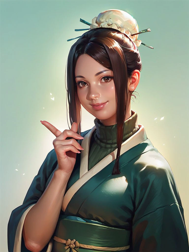 score_9, score_8_up, score_8,wide hips,thin waist,green turtleneck, green japanese clothes,hair bun,pinky lipstick, sidebangs,long bangs, <lora:v}_Haku_%0:C:0.9>,1girl, haku, brown eyes, brown hair, sidelocks, very pretty,beautiful girl ,closed mouth,smile, realistic anime, <lora:sinfully_stylish_PONY_0.2:0.51> <lora:Smooth Style 2 SDXL_LoRA_Pony Diffusion V6 XL:0.7>