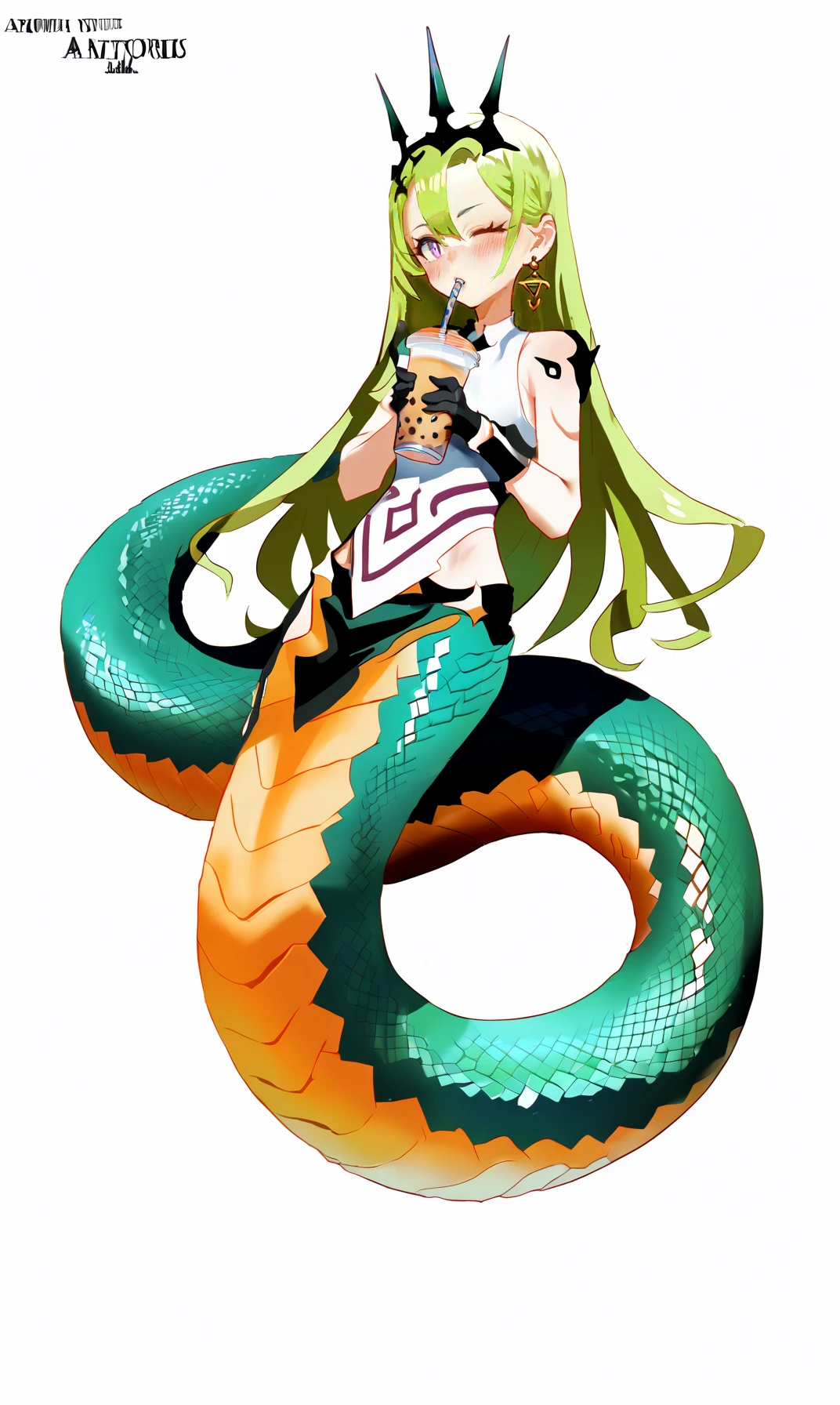 score_9, score_8_up, score_7_up, score_6_up, 8k, best quality, masterpiece, (ultra-detailed:1.1), (high detailed skin),
<lora:jijia-pony-Tanger-000006:0.75>, jijia, 2d, (anime, half-snake person, Snake tail:1.2), 1girl, solo, monster girl, one eye closed, drinking, white background, cup, simple background, blush, holding cup, long hair, holding, drinking straw in mouth, bangs, disposable cup, drink, pointing, full body, looking at viewer, bubble tea,
<lora:Concept Art Ultimatum Style LoRA_Pony XL v6:0.15>, concept art, digital art,
<lora:mobius-pony-Tanger:0.55>, mobius, black Trident Crown, 1girl, gloves, long hair, green hair, black gloves, earrings, vertical pupil, purple eyes,