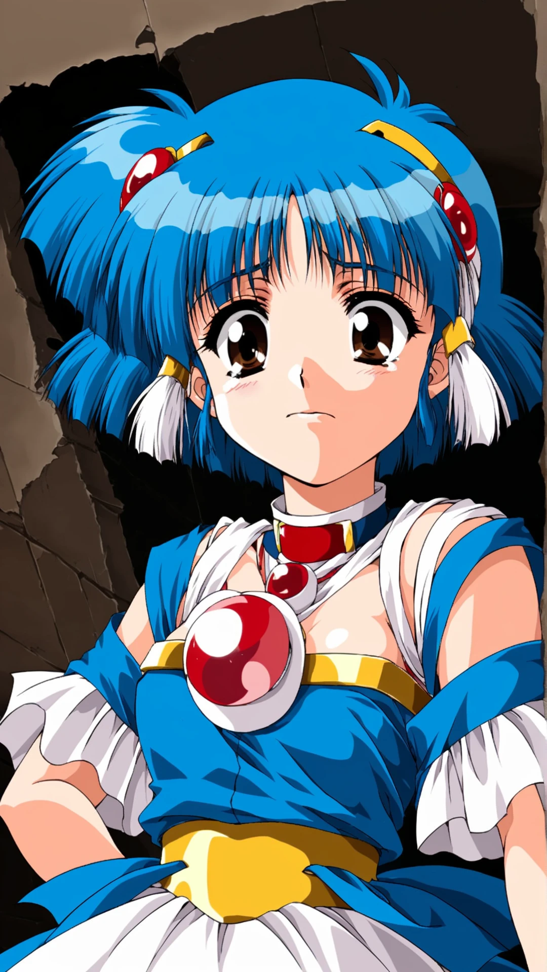score_9, score_8_up, score_7_up, BREAK source_anime, best quality, masterpiece, uncensored,ultra detailed, 
 1girl,scared , oiled_skin,
in brothel ,  <lora:sawady_xl3:1> sawady, blue hair, short hair, hair ornament, brown eyes, small breasts, 1990s \(style\),upper body,