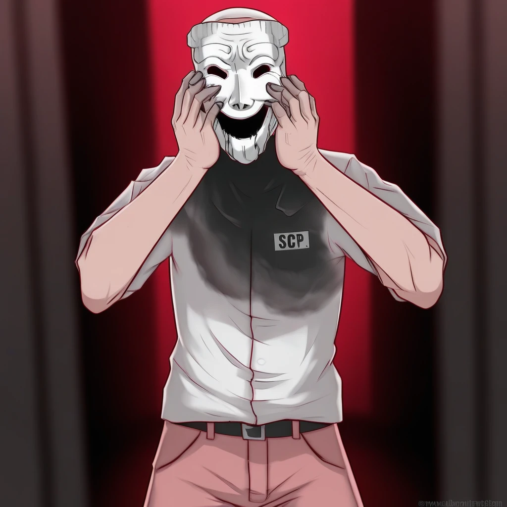 grey pants, tragedy mask, pink eyes, male focus, white background, t-shirt, smile, portrait, 1boy, standing, hands on own face, crying with eyes open, no humans, monochrome, porcelain mask, red background, secretions, x-ray, spread arms, holding, black secretions from eyes and mouth, scp-035