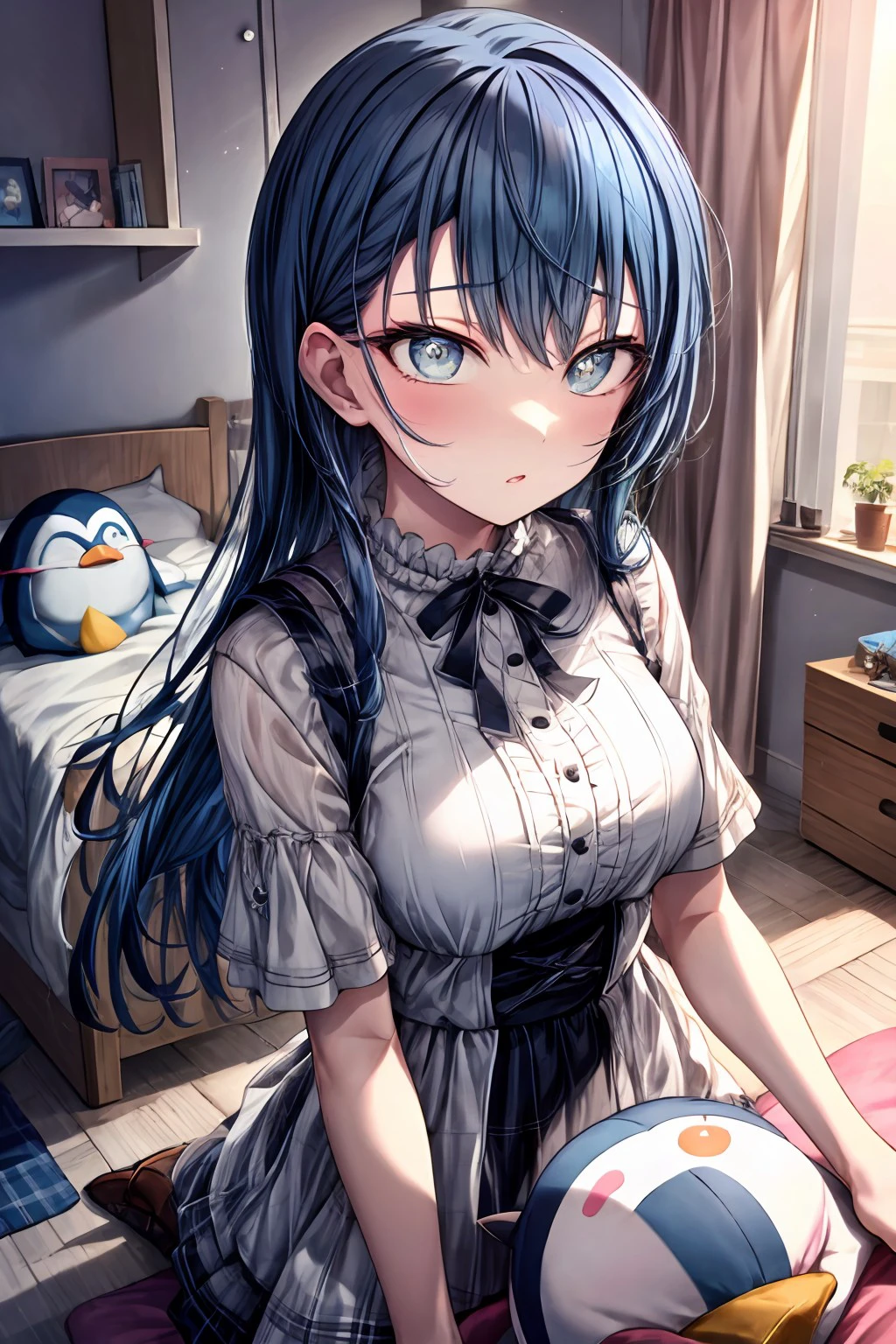 (masterpiece), best quality, expressive eyes, perfect face, harukachan,  long hair, straight hair, penguin, doll, bedroom, <lora:more_details:0.7>, <lora:08658fad-7e37-4363-8aca-b4fbbbb167a6:0.7>