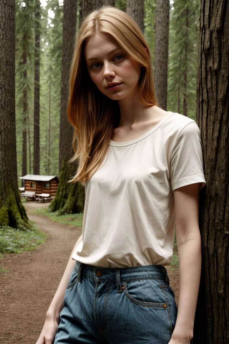 <lora:kawaii7.1.3_obj20:0.75:0.25>, European woman, closeup, sandals, (shirt), pants, (cabin in the woods), ZM_melissa, wide shoulders, perfect face, (contact iris: 1.1), pale skin, skin pores , depth of field
