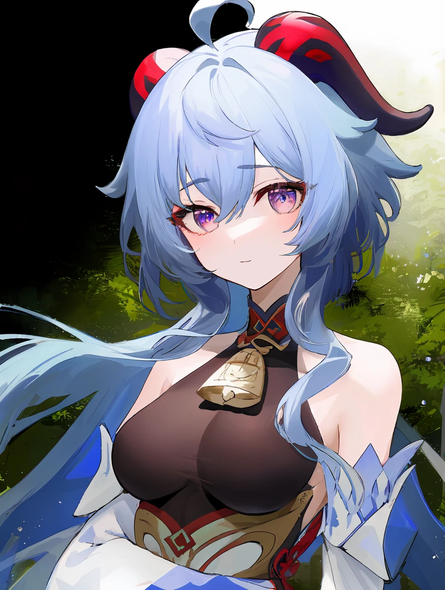 1girl,
ganyu \(genshin impact\),
solo, breasts, goat horns, horns, bell, ahoge, bodystocking, cowbell, upper body, medium breasts, long hair, bare shoulders, blue hair, looking at viewer, purple eyes, detached sleeves,
masterpiece, best quality
<lora:mki-genshin108-1.5-v3:1>