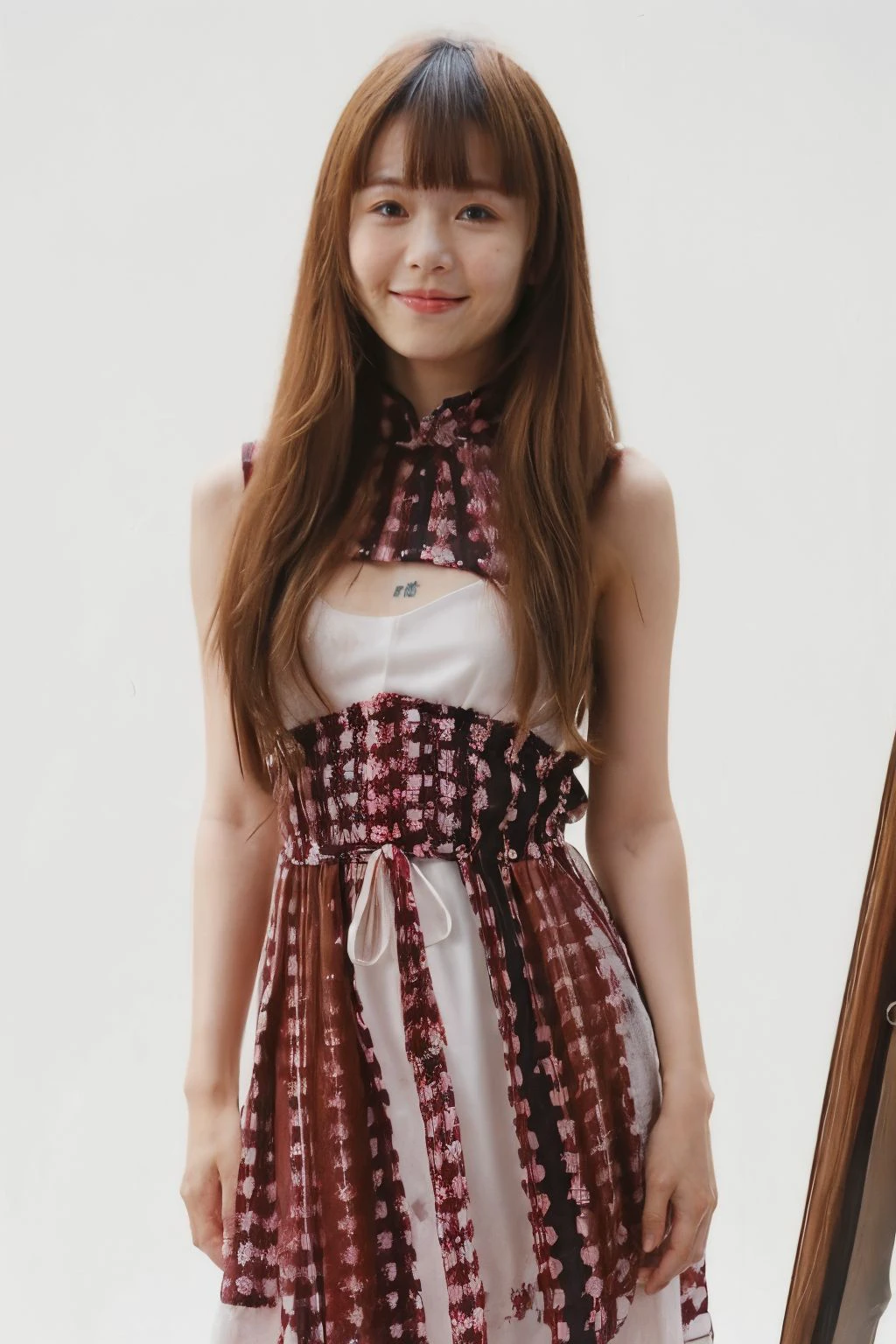 1girl, solo, small breasts, looking at viewer, realistic, photorealistic, lips, long hair, brown hair, smile, bangs, tattoo, jewelry, hyper detailed, super sharp, crisp, smooth, smooth gradients, depth of field, (in studio: 1.1), (white background: 1.1), china dress, <lora:sammi_shiang:1>, <lora:breastsizeslideroffset:-0.4>, <lora:skin_slider_v2_1_FACE:0.5>, <lora:add_detail_v5:1>
