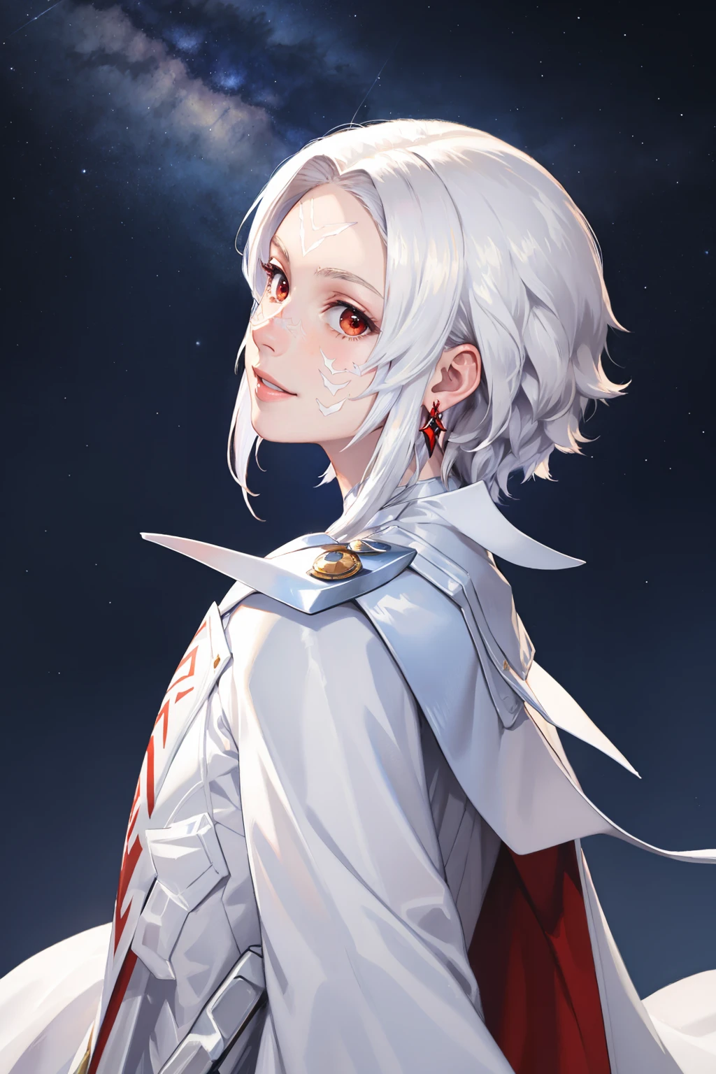 masterpiece, best quality, <lora:arval-nvwls-v1-000009:0.9> arval, white hair, pale skin, facial mark, earrings, white cape, white robe, long sleeves, looking at viewer, smile, night sky, from side