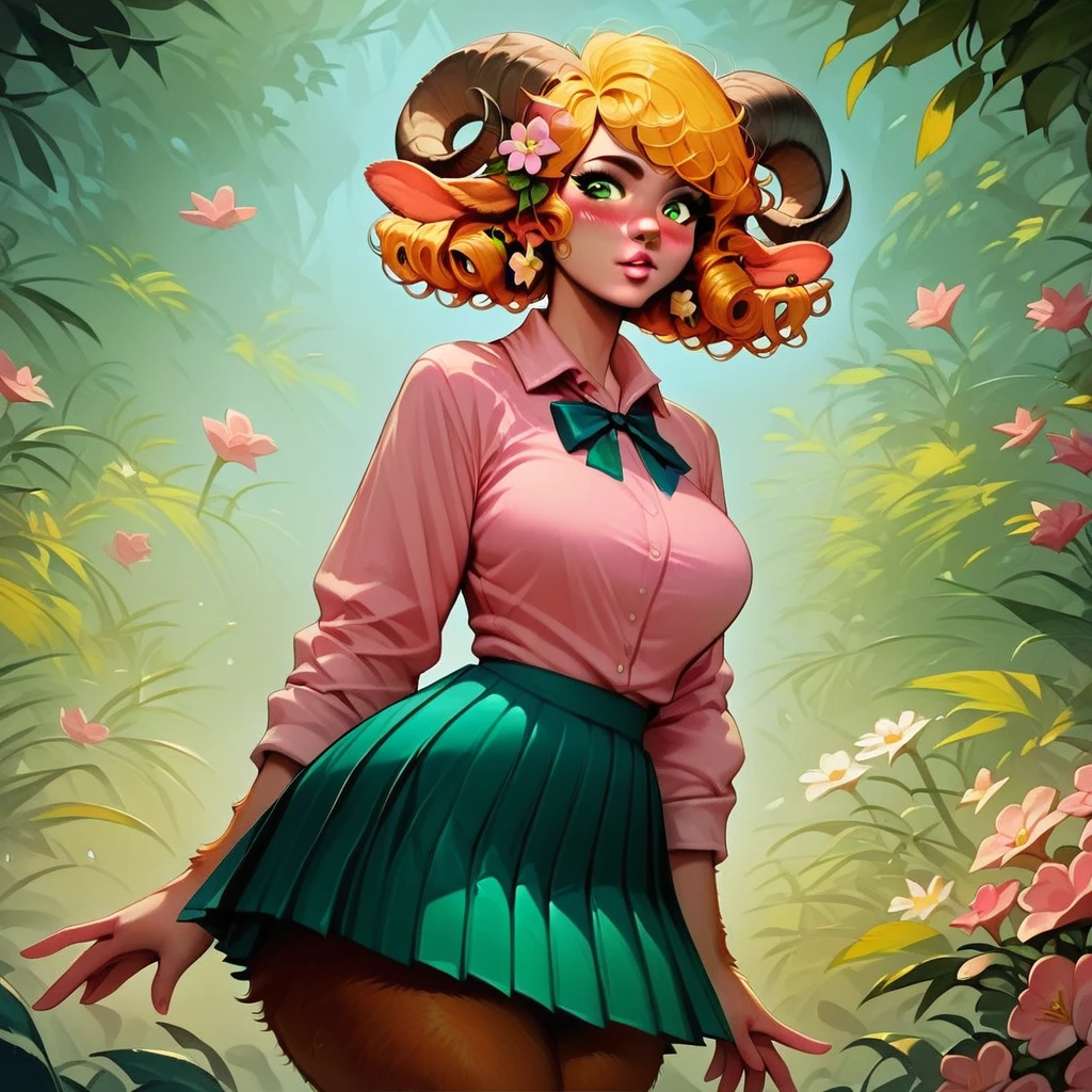 score_9, score_8_up, score_7_up, score_6_up, score_5_up, score_4_up, satyr girl, green eyes, golden hair, curly hair, short hair, flower in hair, pink lips, blush, earrings, wearing pink shirt, green pleated skirt