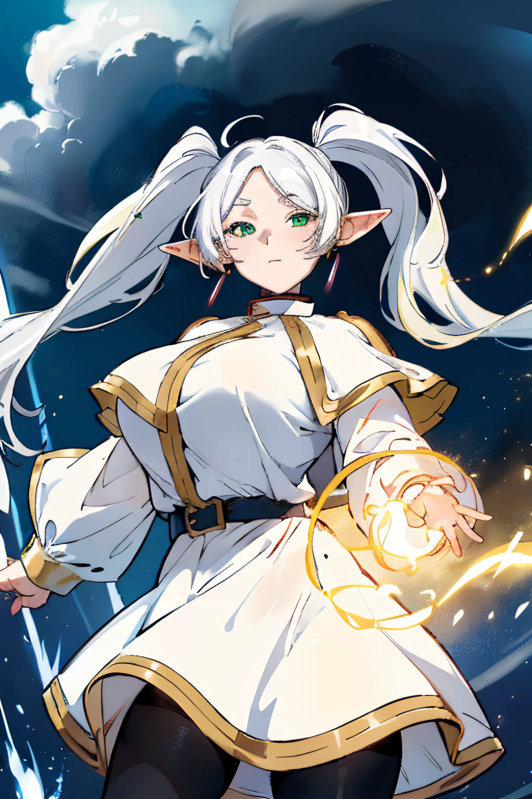 1girl,(gigantic breasts:1.35),white capelet,long sleeves,dress,strape,pantyhose,earrings,white hair,long hair,twintails,green eyes,pointy ears,looking at viewer, fighting stance,cute appearance,magic background,glowing magic beam,<lora:Frieren:0.95>