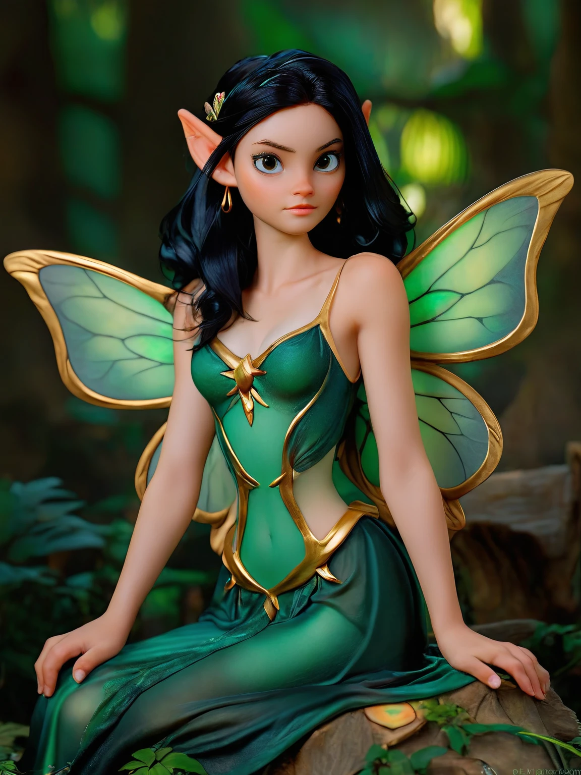 masterpiece,best quality,photoreal,hyper realistic,1girl,a photo of a beautiful fairy woman,Al3ks,portrait,ornate green dress,glowing fairy wings,emerald jewelry,long black hair,flat chested,breasts covered,enchanted forest background,<lora:Aleksandra_Metart_XL:1>,