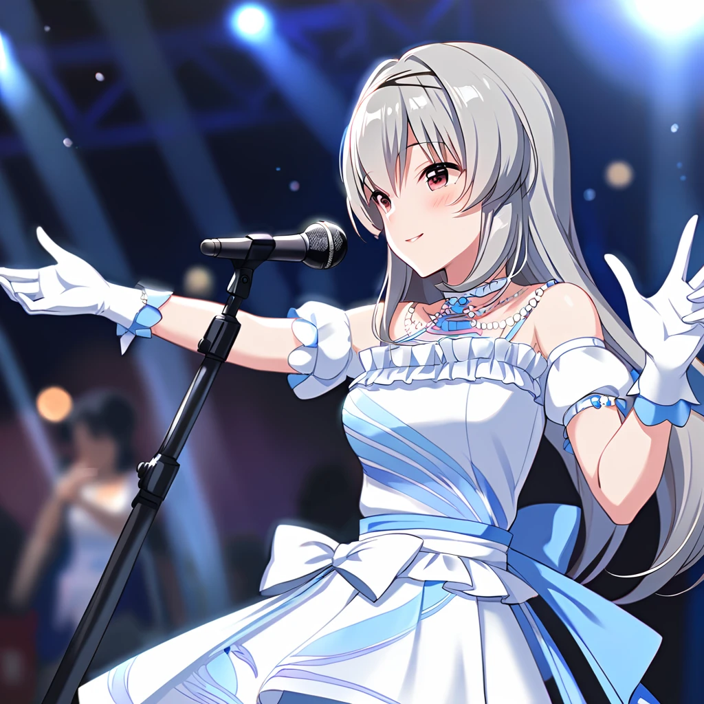 [high quality, best quality],[cinematic],1girl,tendorui,ti dress,1girl,ti gloves,on stage ,depth of field, bokeh, bloom, hdr, singing,smile, blush,cinematic_angle<lora:tendoruiv2:0.75>,