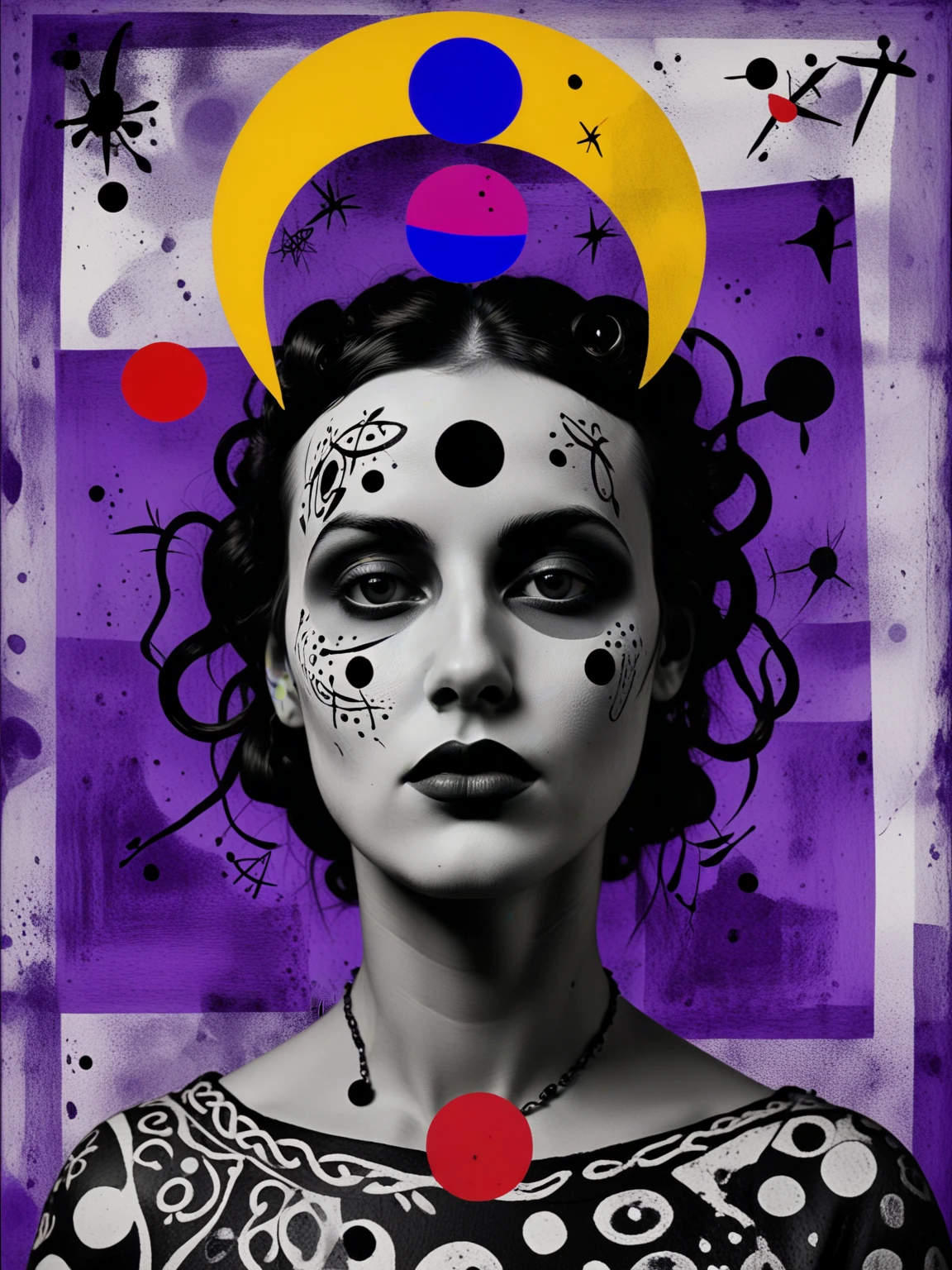 b&w hd-photo, ancient celtic goddess, portrait, dadaist-artwork depicting the summer solstice and inspired by Joan Miró,Tristan Tzara,Jean Crotti, assemblage,abstract,surreal, Cobalt-Violet-Deep-Hue,Quinacridone-Yellow-Deep,Permanent-Carmine,Quinacridone-Magenta-Violet,Mixing-White, Chaotic surreal background,<lora:DeconDada2:0.8>