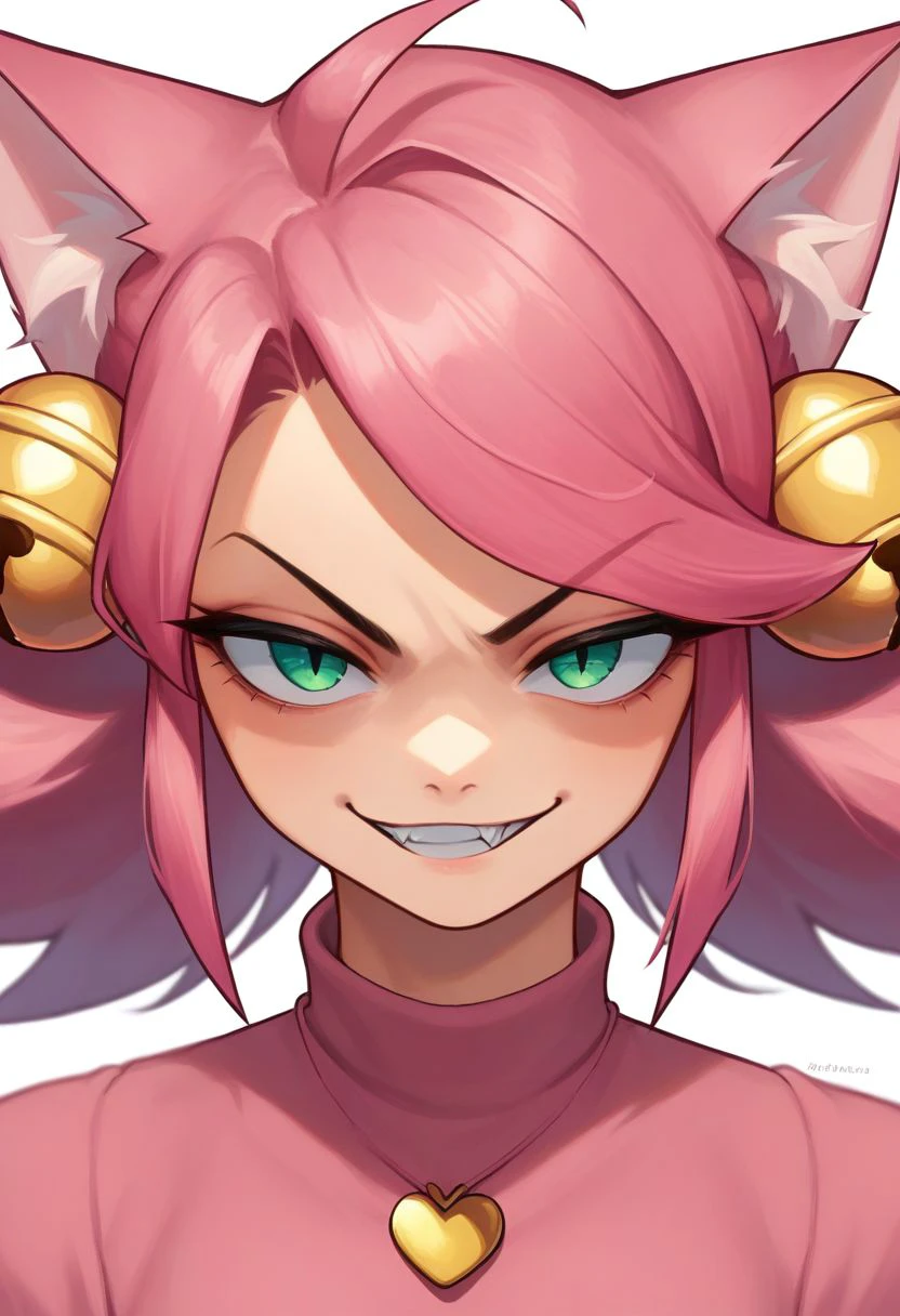 score_9, score_8_up, score_7_up, source_anime, solo, 1girl, Mew Mew, catgirl, pink hair, green eyes, half-closed eyes, cat ears, bells, pink shirt, heart locket, evil smirk, glare, smug, portrait, close up, half body, standing, arms at sides, looking at viewer, standing, white background