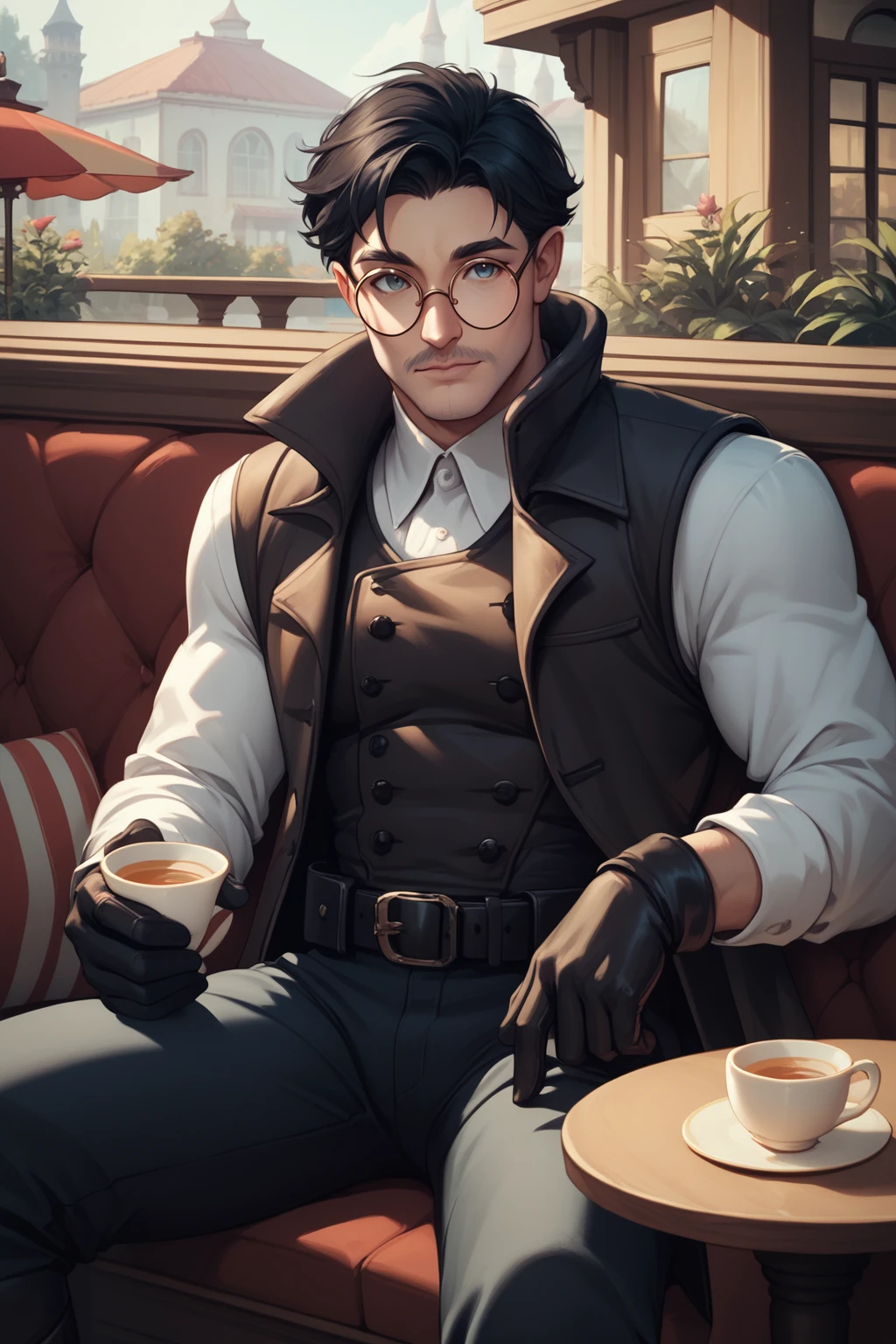 score_9, score_8_up, score_7_up, masterpiece, high quality
<lora:Spiderman noirPonyLora:1> spdrmnnr,, older man, short black hair, vest, gloves, pants, boots, belt sitting in a cafe holding a cup of tea, round glasses, upper body