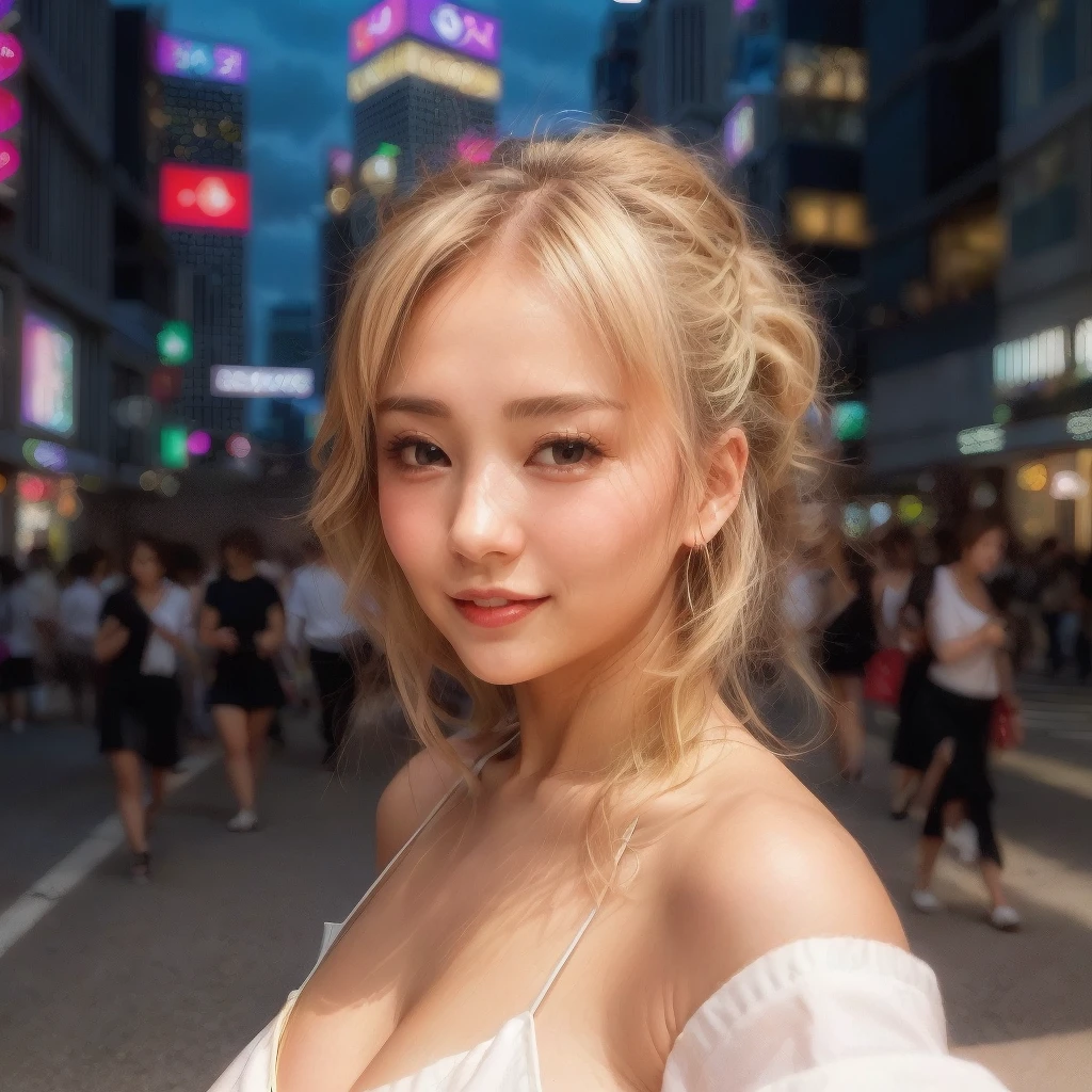 "Create an image of a young natsuki taking with large breasts,  breasts apart, (low cut white shirt), nipple outlines, grey skirt, blonde hair, a selfie in downtown Tokyo. The perspective is over her shoulder, showing the screen of her smartphone as it captures her smiling face against the bustling city backdrop. The city scene around her with bright sunlight is lively with neon lights, modern architecture, and crowds of people, all rendered with ray tracing for enhanced realism and detailed shadows. She is fashionably dressed in a stylish, contemporary urban outfit, with her hair styled in a modern, sleek manner. The lighting is dynamic, highlighting her with realistic shadows that match the surrounding skyscrapers and street lights, suggesting it's late afternoon. The smartphone screen shows a clear image of her face with a happy expression, and the background, while detailed, remains slightly blurred to emphasize her in the frame.", <lora:natsuki:0.7>